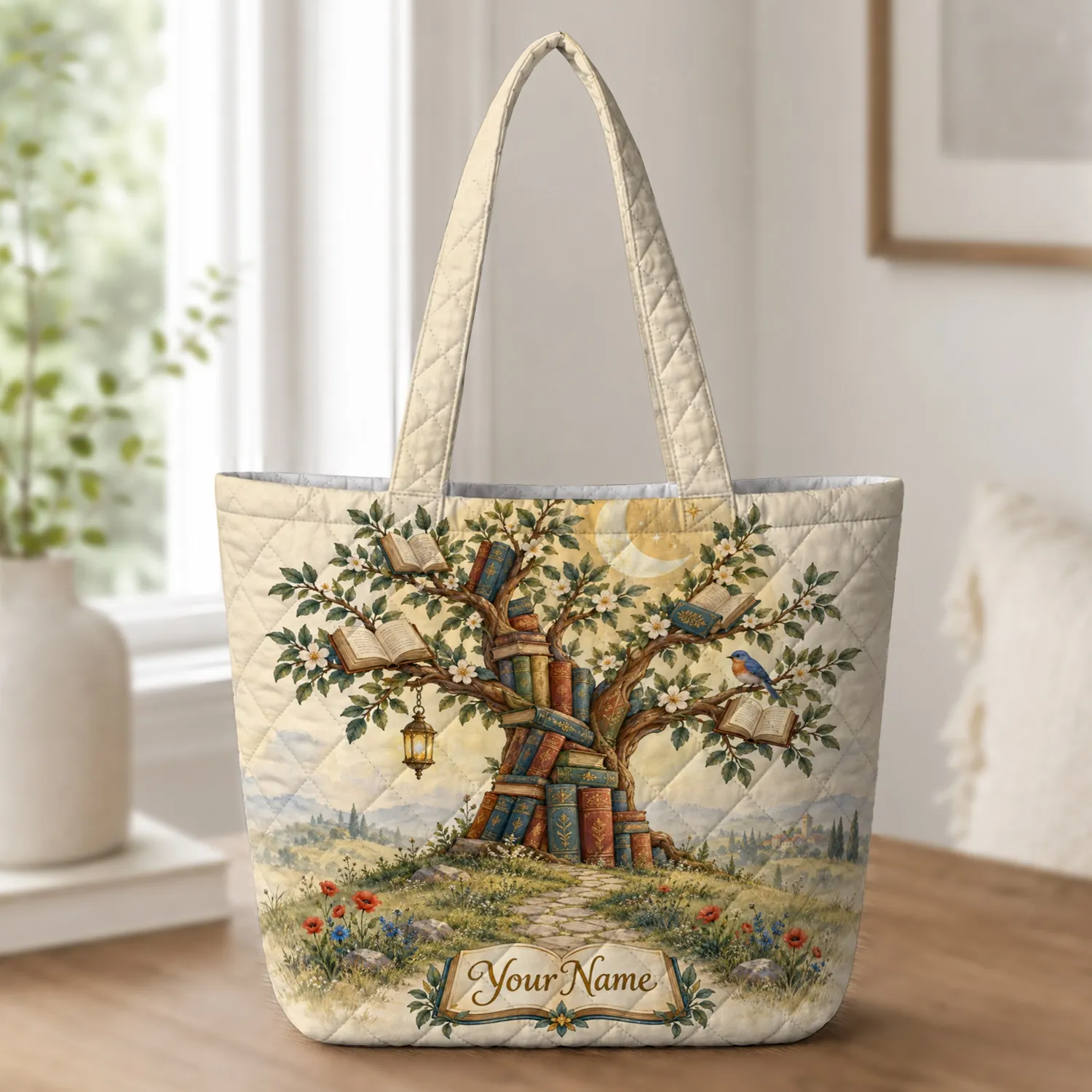 Storybook Tree of Books with Crescent Moon for Readers, Teachers and Students Quilted Tote Bag - 1