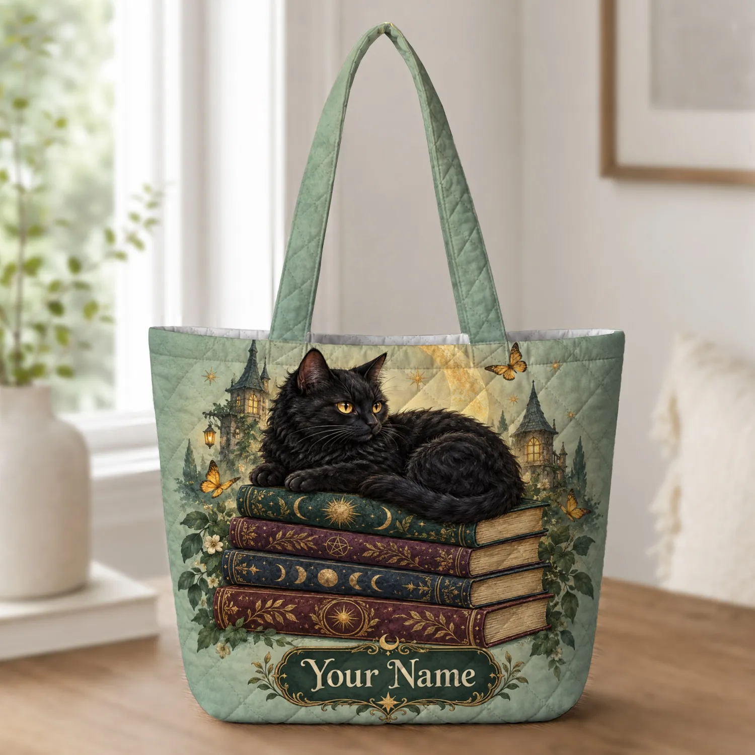 Black Cat Moonlit Books for Cozy Reading Nights and Witchy Gifts for Cat Lovers Women Quilted Tote Bag - 1
