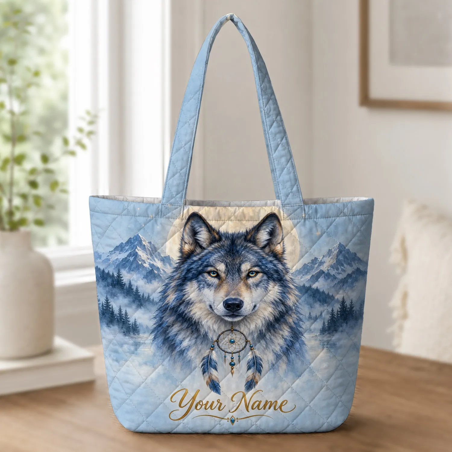Blue Wolf Beneath Moonlit Peaks for Nature Lovers and Winter Birthday Gifting for Women Quilted Tote Bag - 1