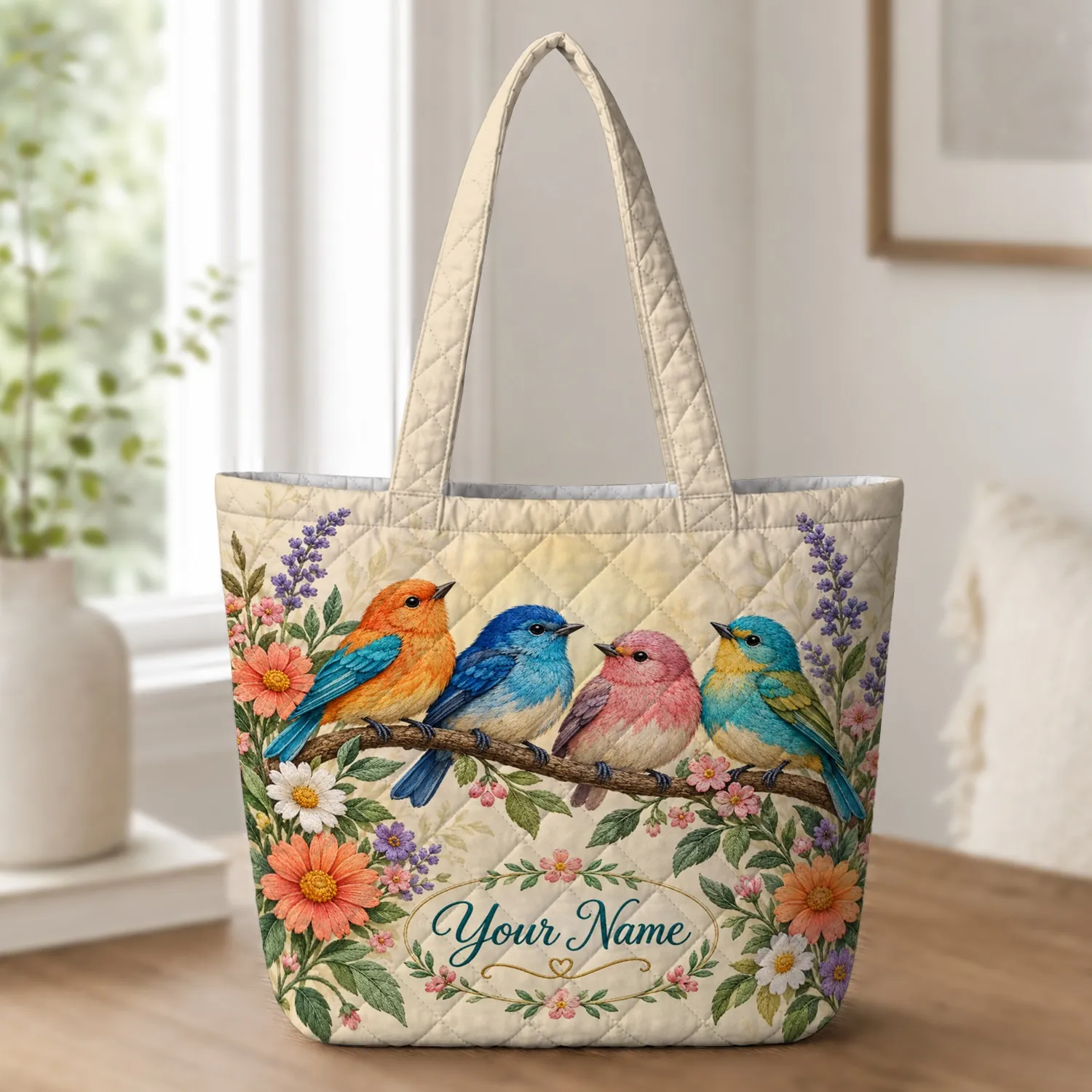 Colorful Songbirds and Wildflowers for Garden Lovers and Nature-Inspired Gifting Quilted Tote Bag - 1