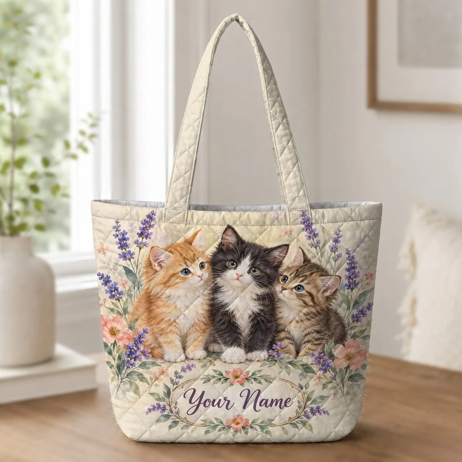 Three Garden Kittens Among Blossoms for Springtime Outings and Cat Lover Gifts for Women Quilted Tote Bag - 1