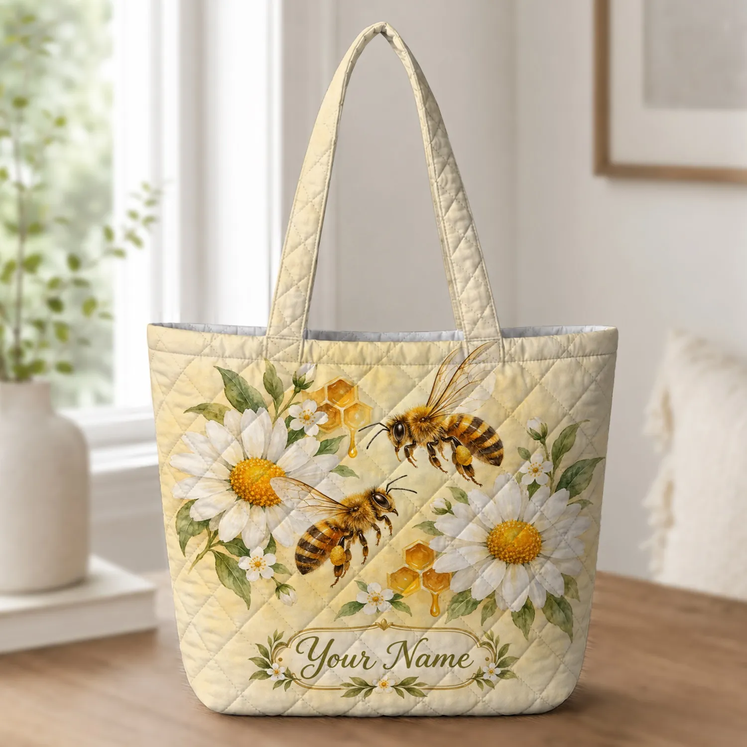 Honey Bees And Daisy Blooms For Garden Days And Nature-Loving Women Who Love Spring Quilted Tote Bag - 1