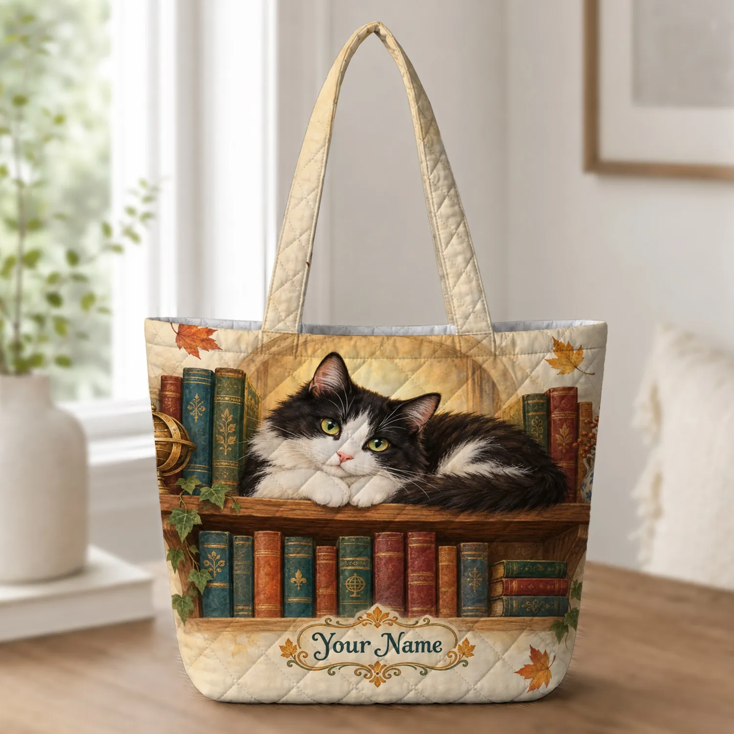 Black and White Library Cat with Antique Books for Cozy Reading Days Quilted Tote Bag - 1