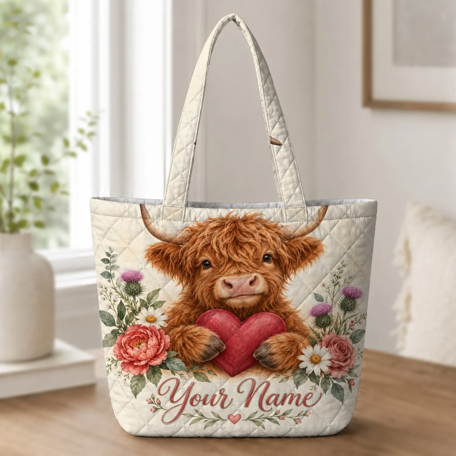 Highland Cow Holding Heart with Roses for Mother's Day and Cottagecore Nature Lovers Quilted Tote Bag - 1