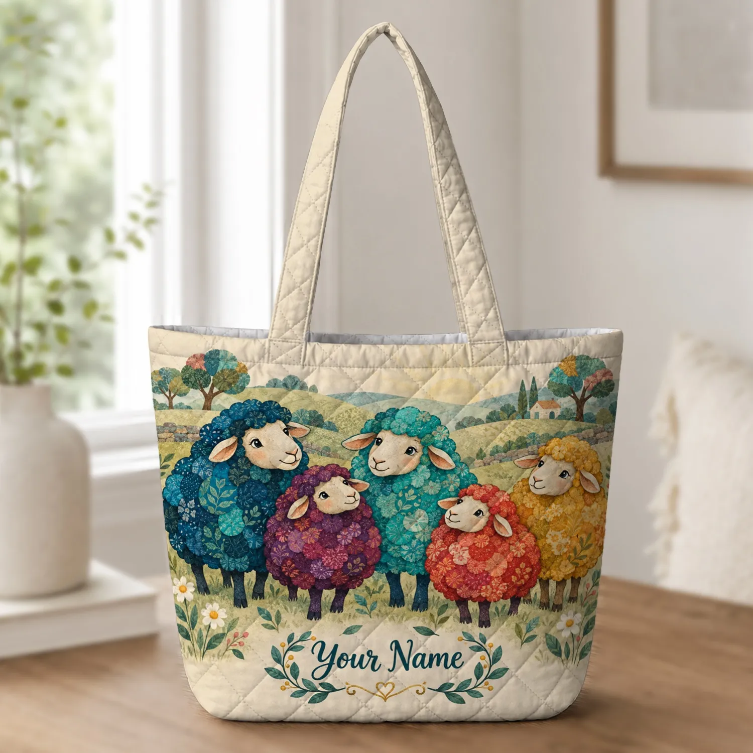 Colorful Sheep Meadow Scene for Birthday Gifts and Summer Outings for Her and Farm Lovers Quilted Tote Bag - 1