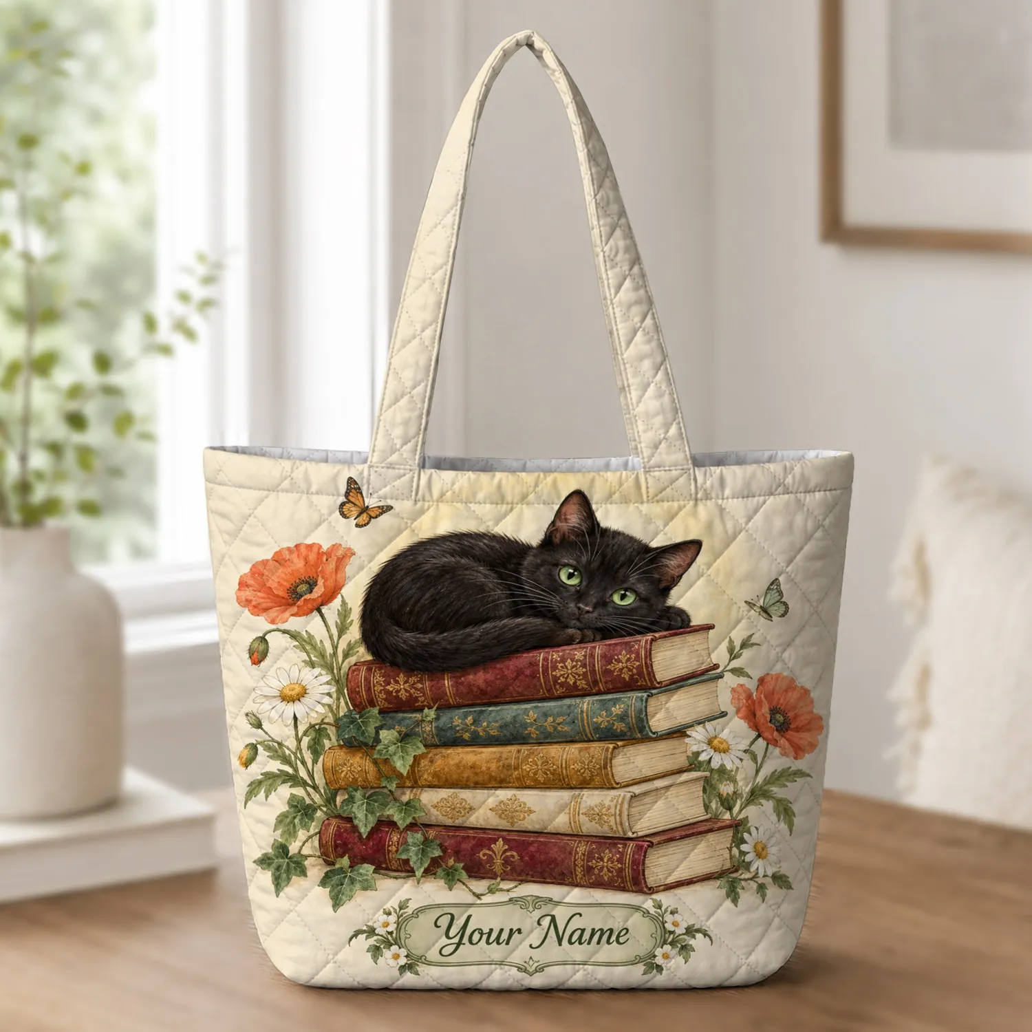 Black Cat Curled on Garden Books for Reading Lovers and Back to School Gifts for Her Quilted Tote Bag - 1