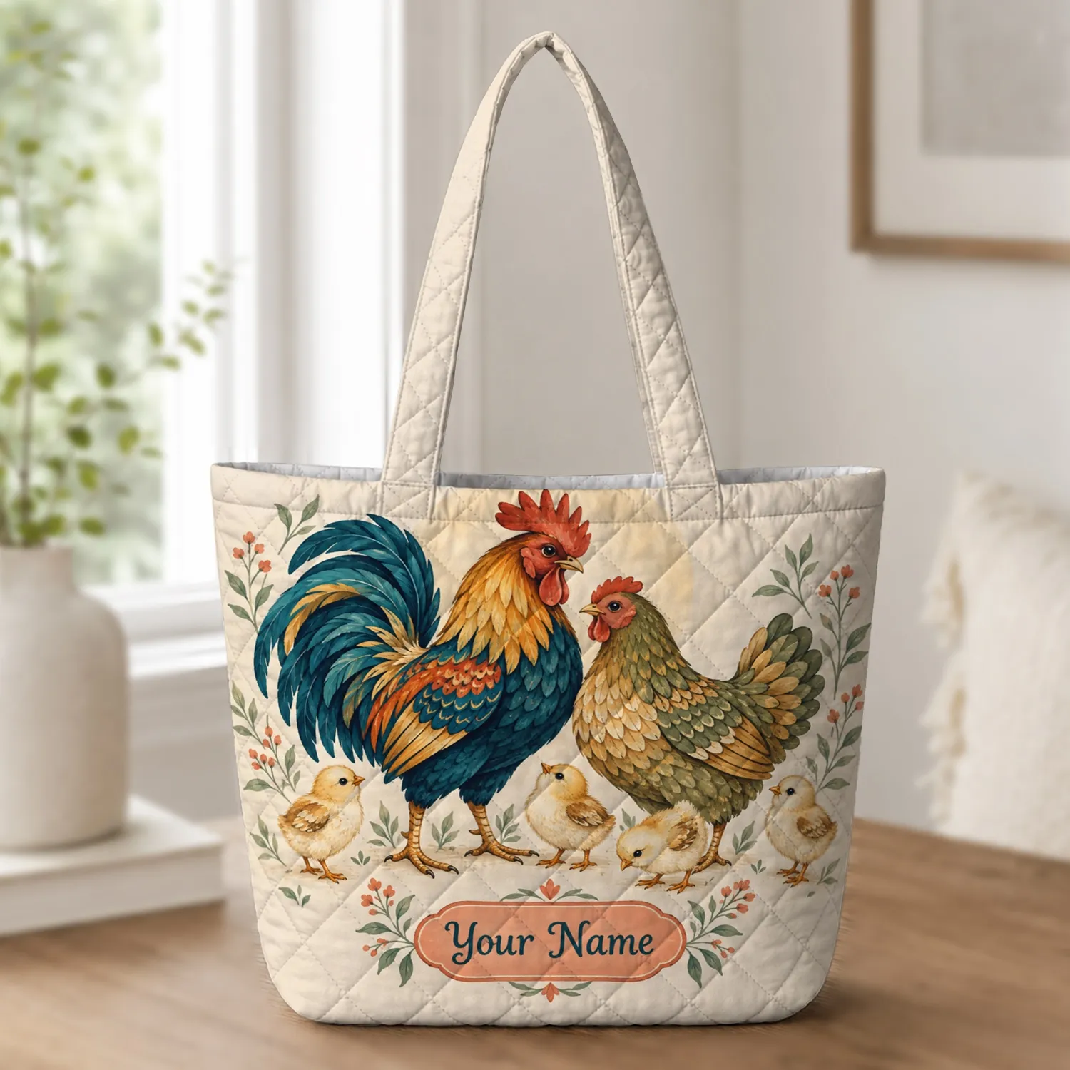 Colorful Rooster and Hen Folk Art for Farmhouse Summer Gifts for Nature Lovers Women Quilted Tote Bag - 1