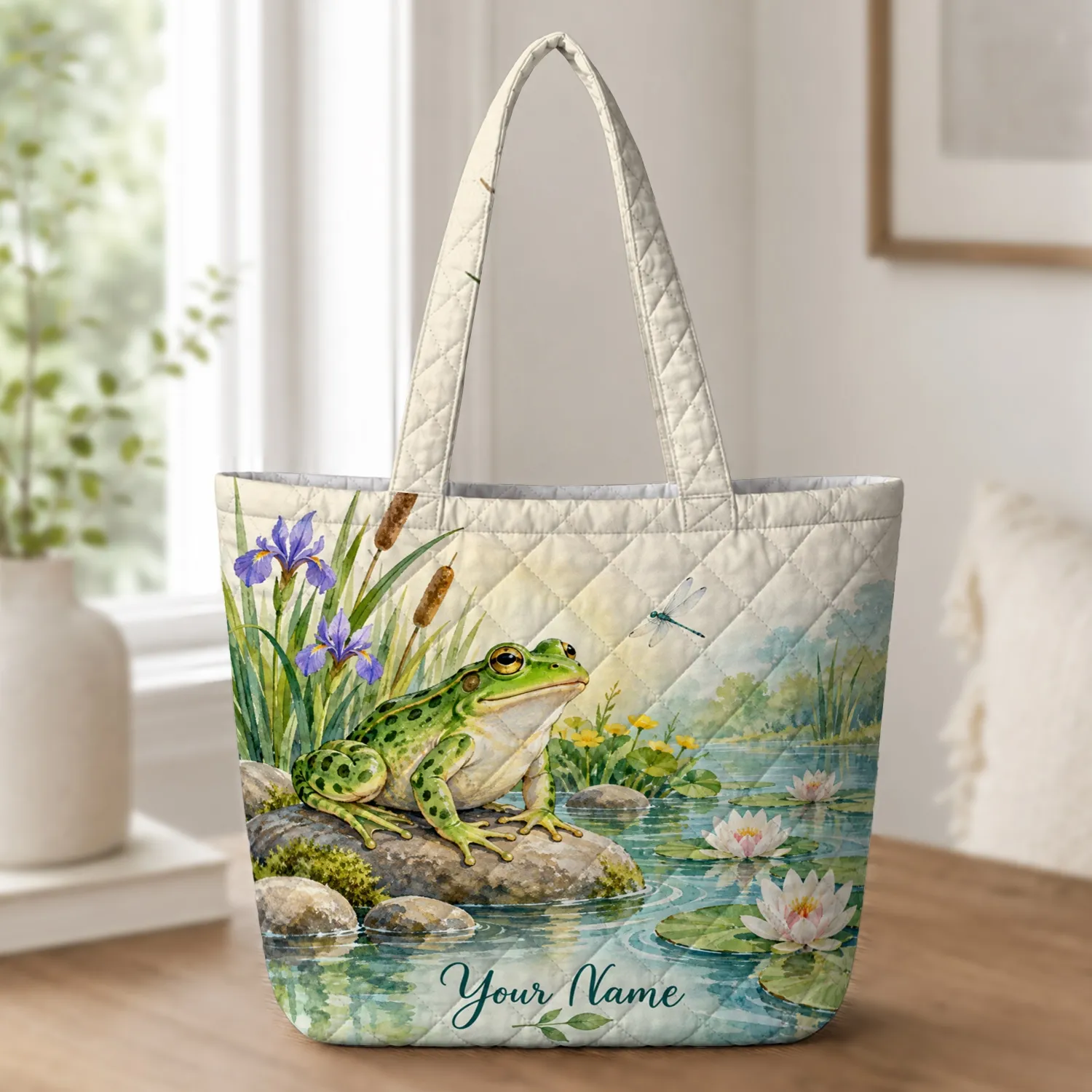 Playful Green Frog Pond Scene for Nature Lovers and Garden-Inspired Everyday Style Quilted Tote Bag - 1