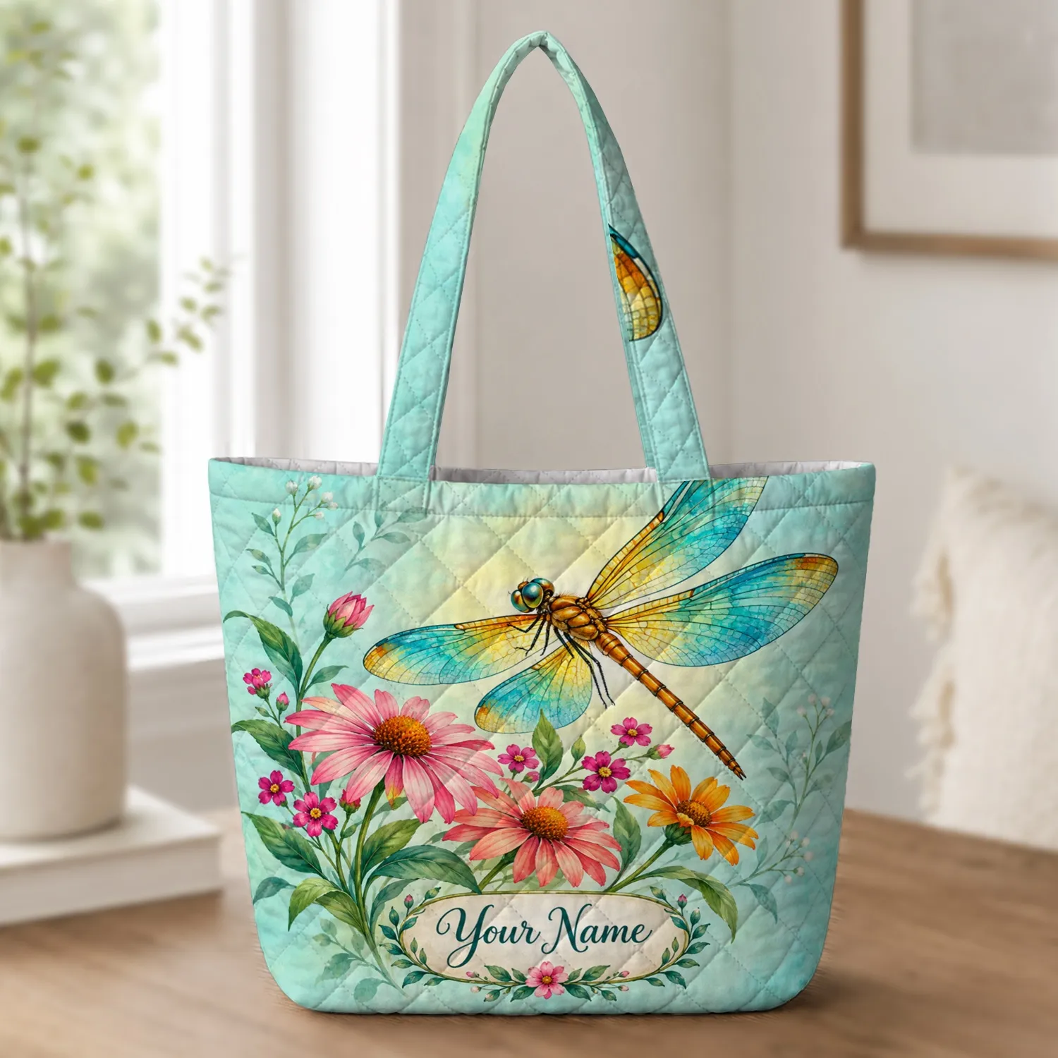 Colorful Dragonfly Wildflower Garden for Spring Gifting and Nature Lovers Gift Quilted Tote Bag - 1