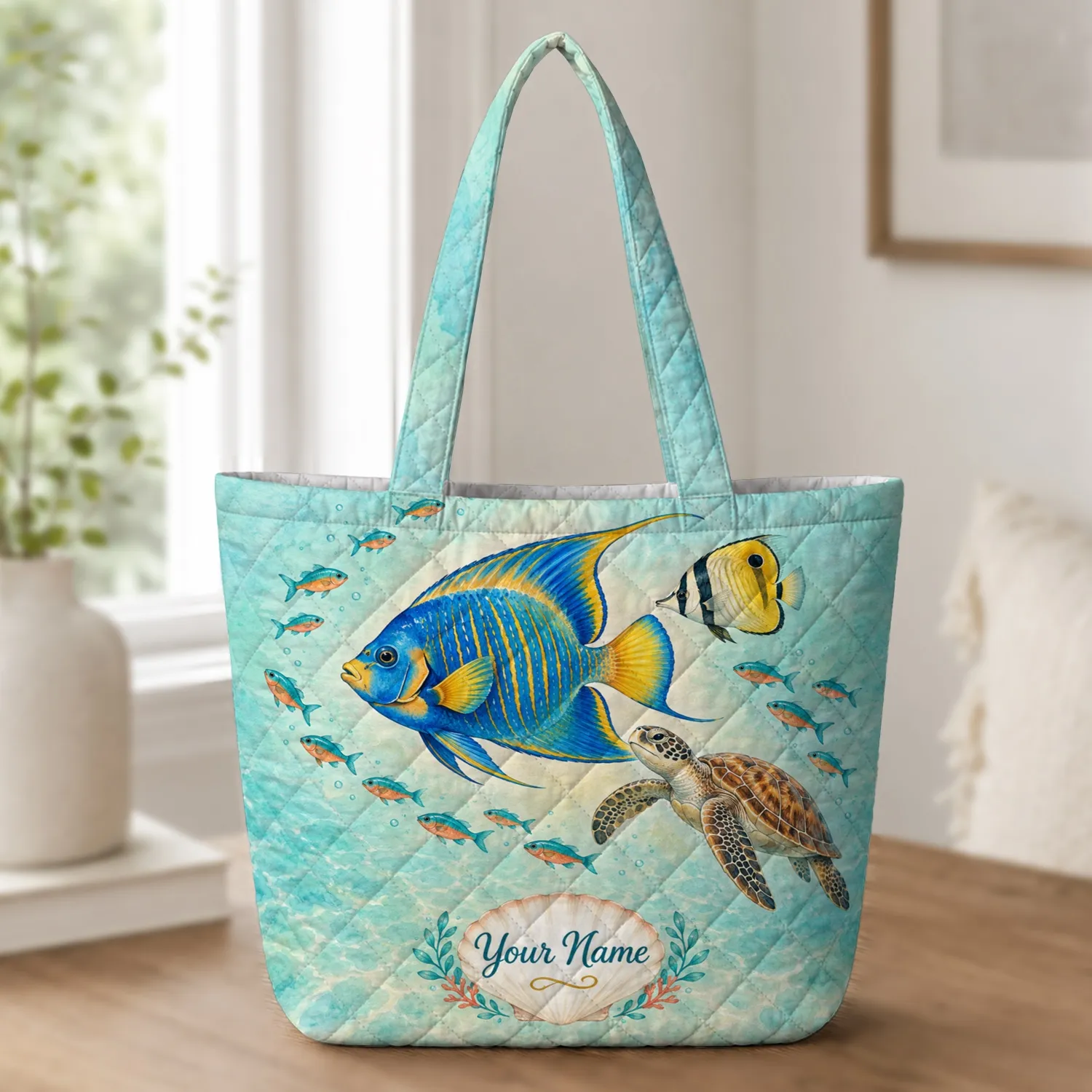 Tropical Reef Fish and Sea Turtle for Coastal Beach Days and Ocean Lover Gifts for Her Quilted Tote Bag - 1