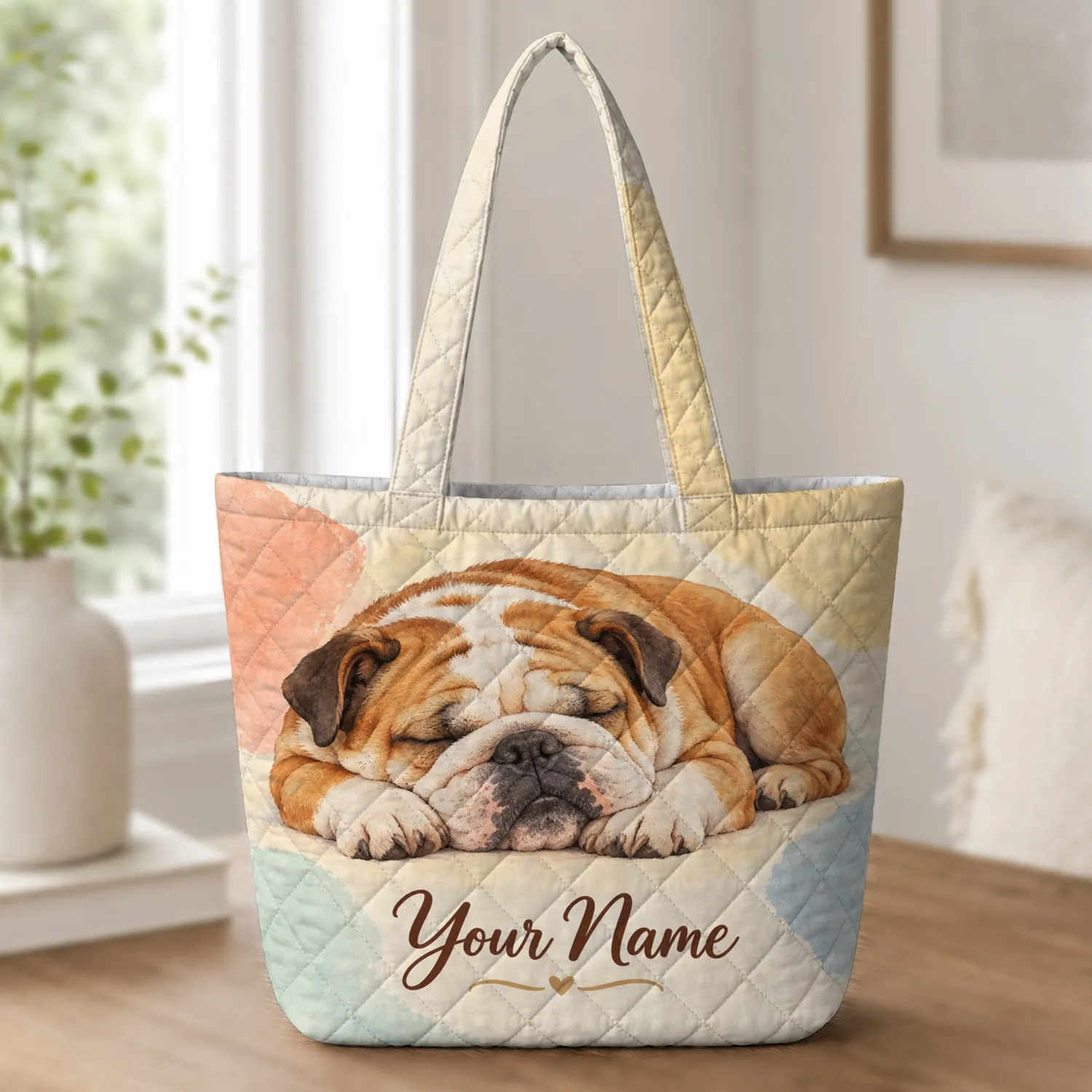 Sleeping English Bulldog Portrait for Cozy Dog Lover Gifts and Everyday Companions Quilted Tote Bag - 1