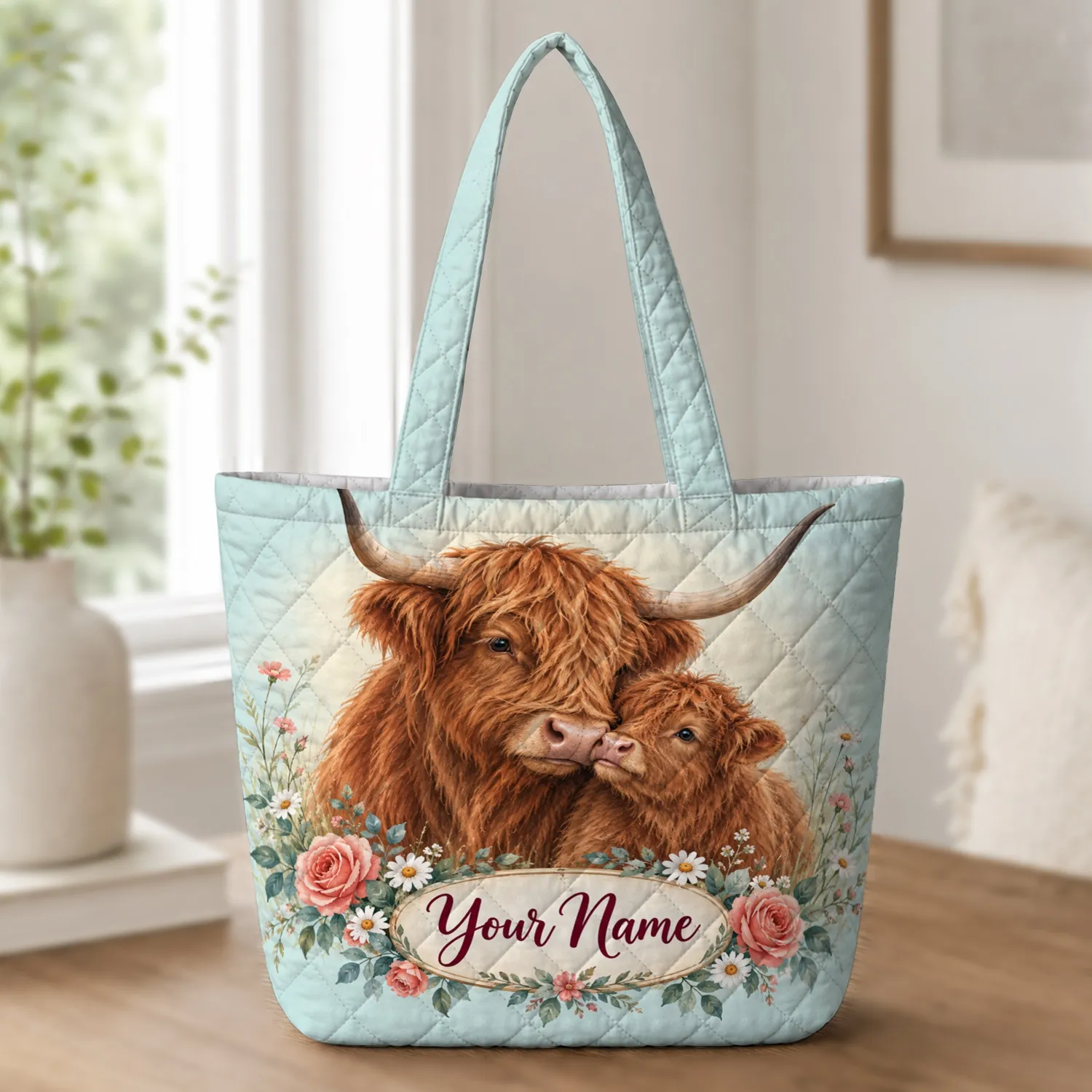 Highland Cow and Calf Wildflower Meadow for Anniversary Gifts for Animal Lovers Quilted Tote Bag - 1