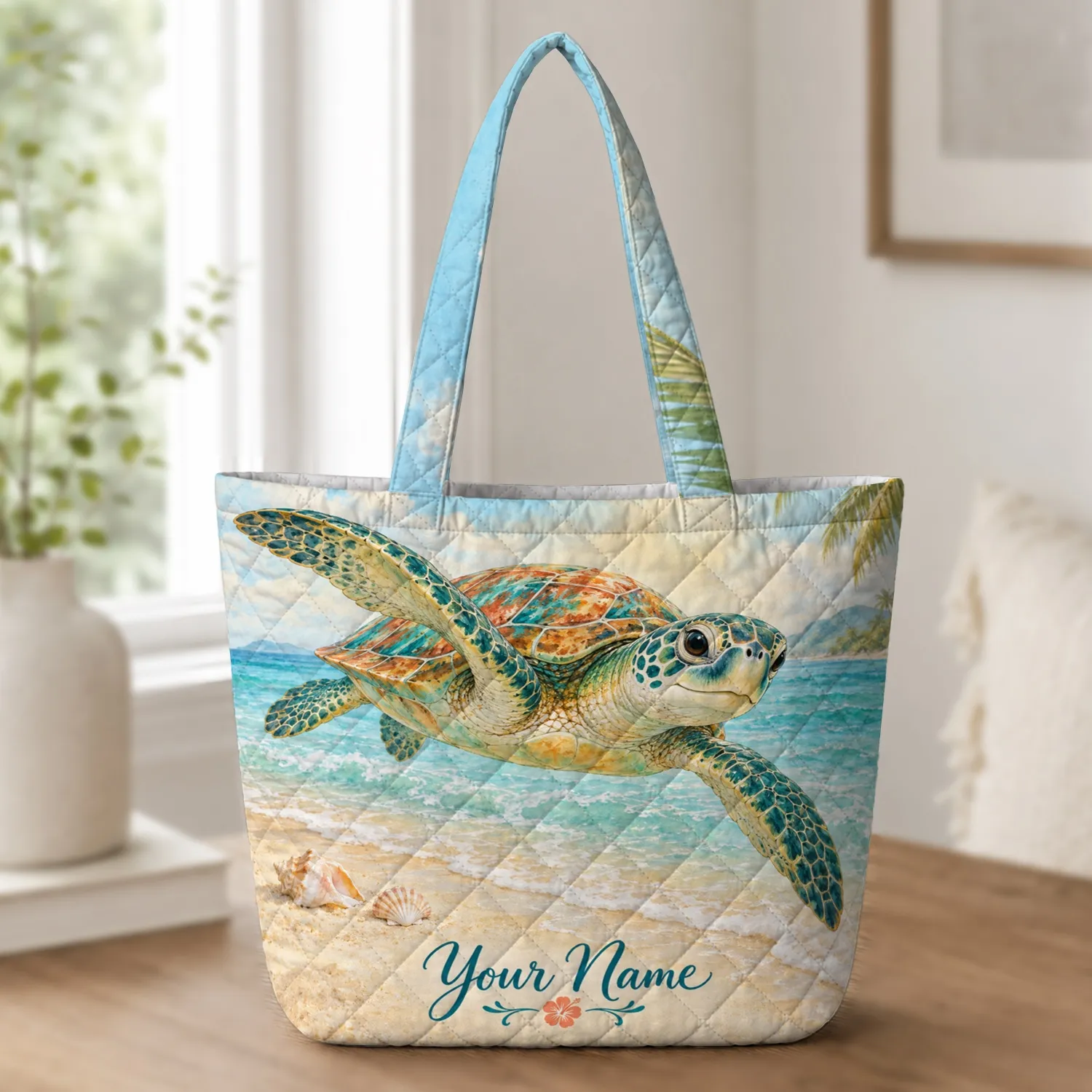 Sea Turtle Beach Scene for Summer Holidays and Coastal Days by the Shore Quilted Tote Bag - 1