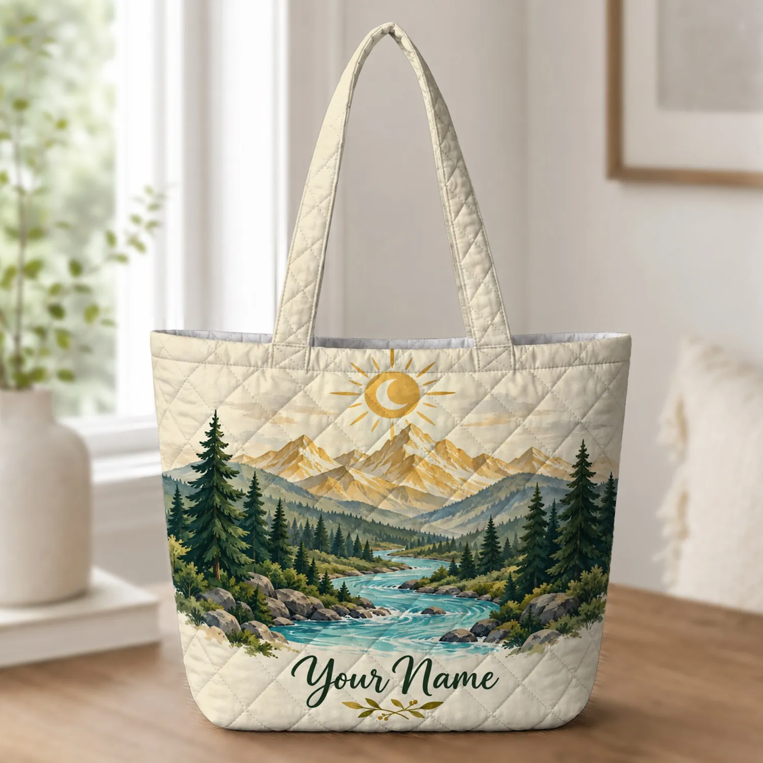 Mountain River Forest at Golden Hour for Nature Lovers and Summer Trail Days Outdoors Quilted Tote Bag - 1