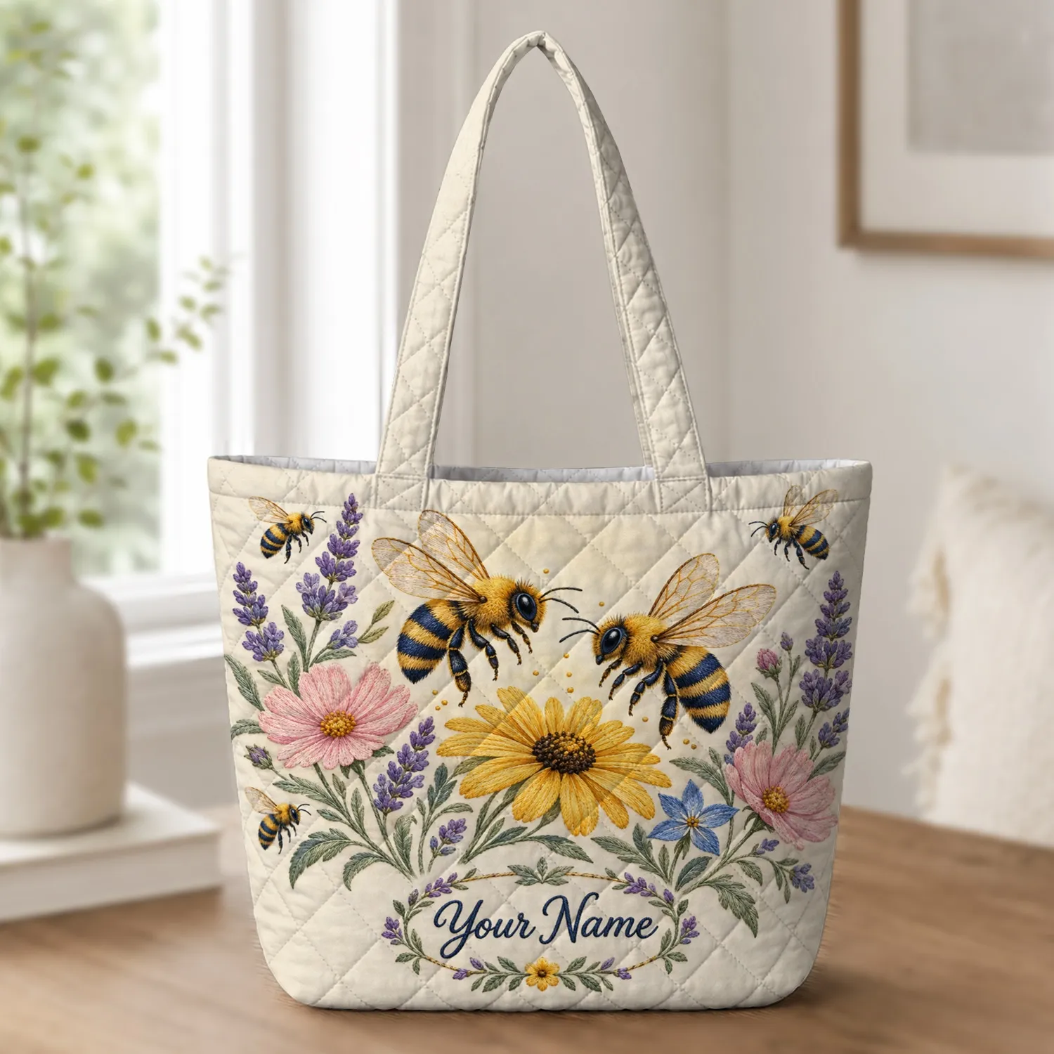 Honey Bees And Wildflowers For Garden Lovers, Birthday Gift For Nature-Loving Women Quilted Tote Bag - 1