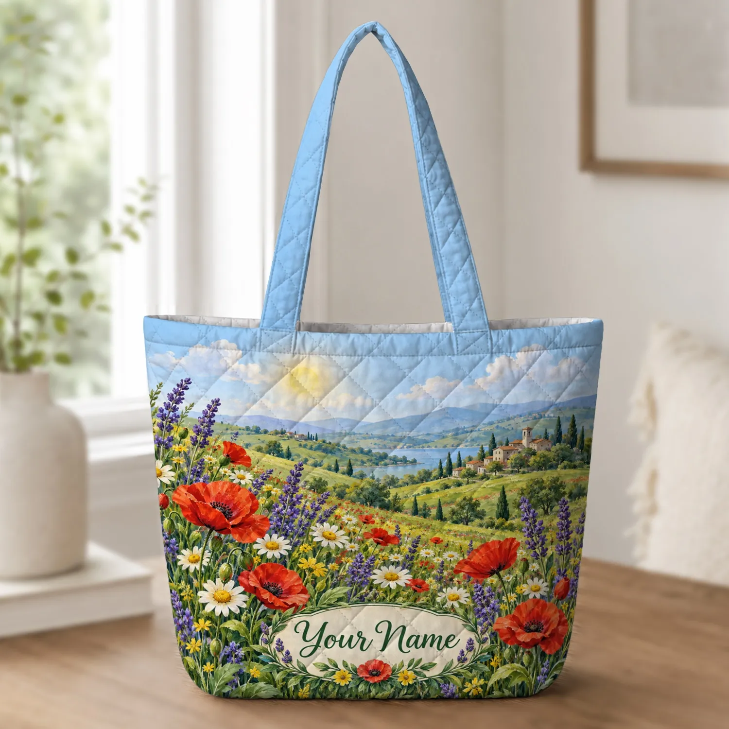 Sunlit Wildflower Meadow with Poppies for Birthday Gifting and Botanical Lovers Quilted Tote Bag - 1