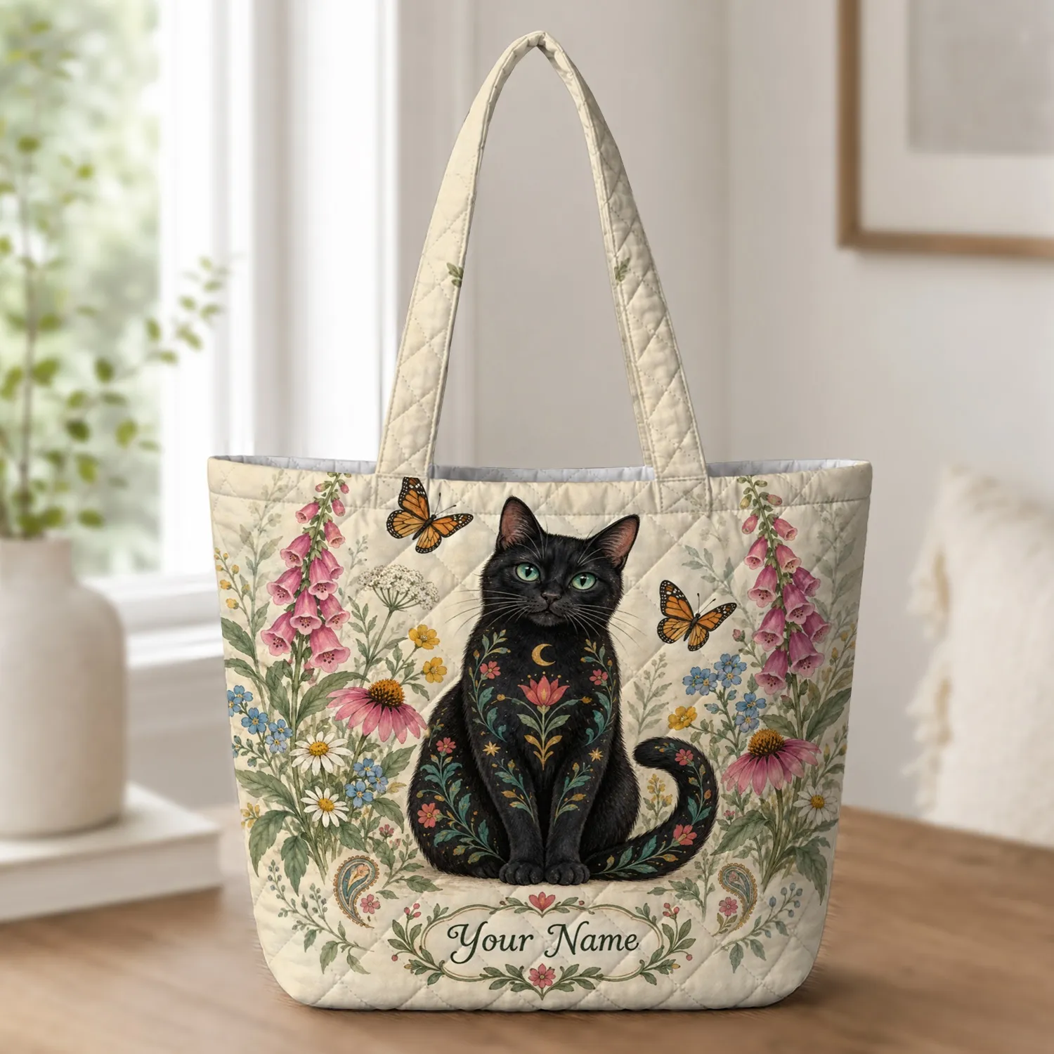 Vintage Black Cat and Wildflowers for Garden Lovers, Cat Moms and Nature Lover Gifts Quilted Tote Bag - 1