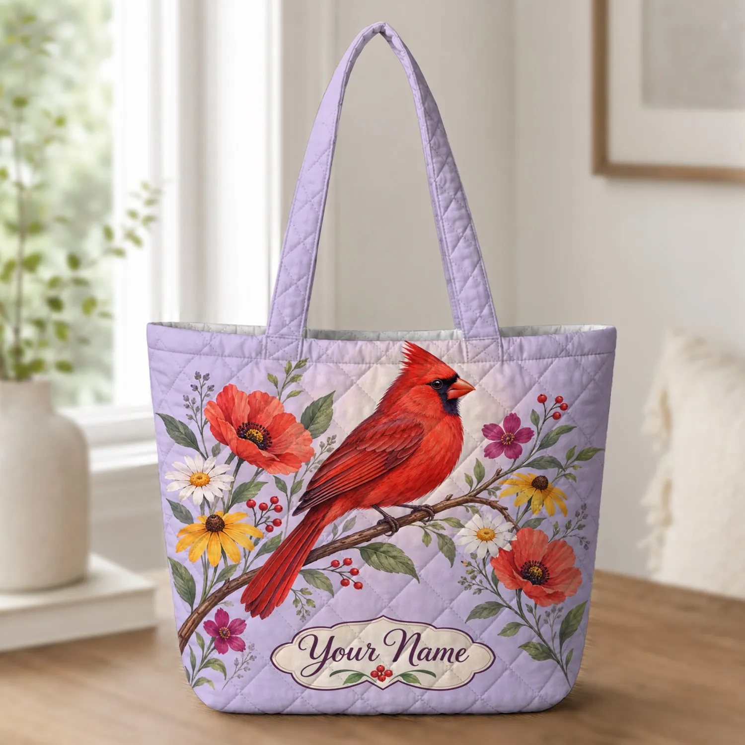 Red Cardinal with Wildflowers for Nature Lovers, Birdwatchers and Gifts for Her Quilted Tote Bag - 1
