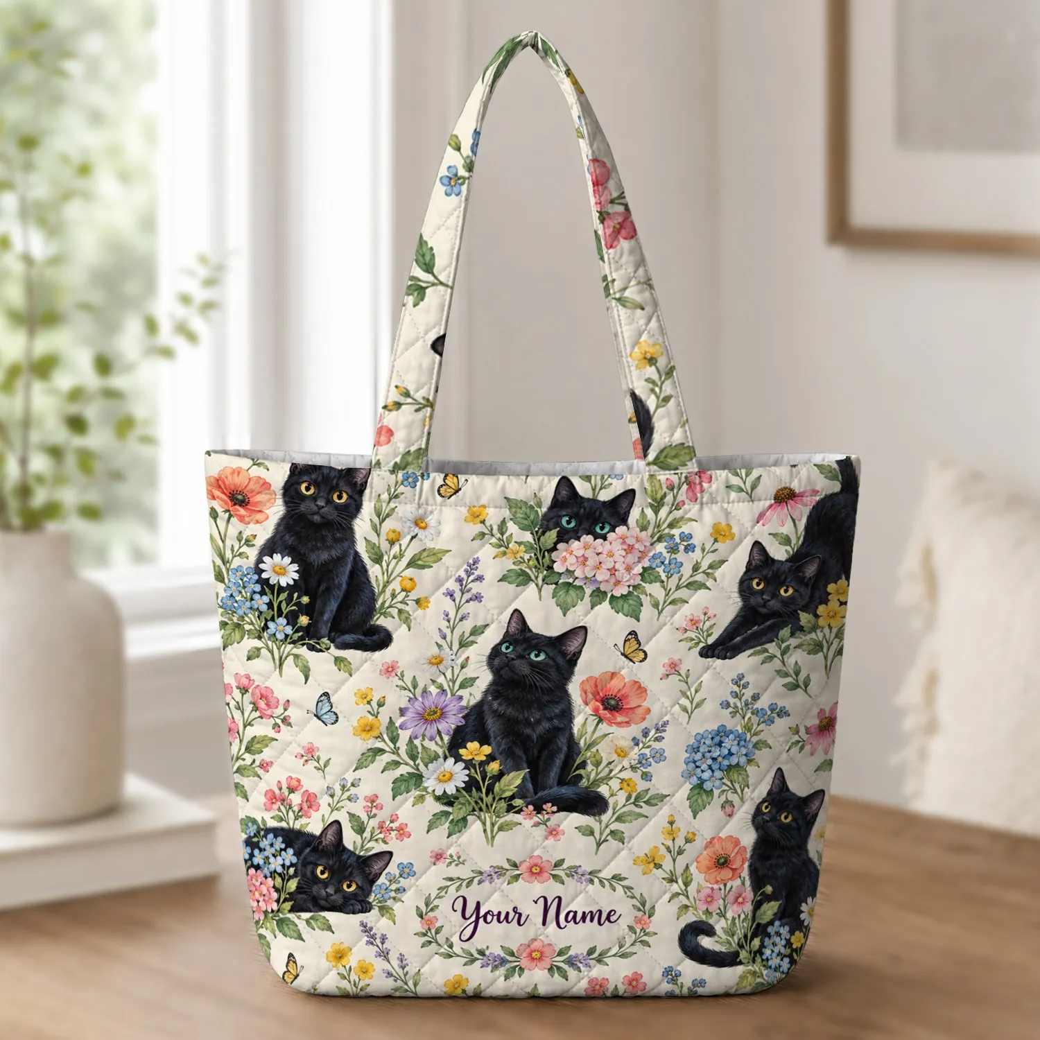 Black Cats Among Colorful Garden Flowers for Whimsical Everyday Style for Cat Lovers Quilted Tote Bag - 1