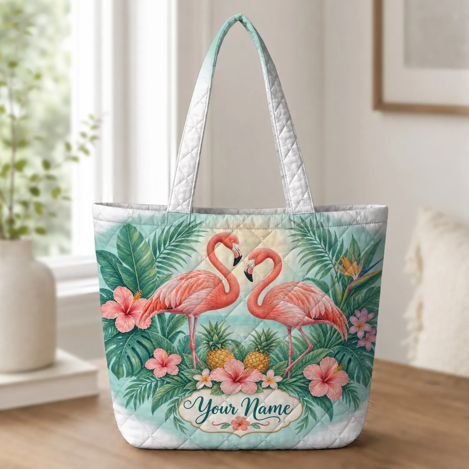 Flamingo Couple Tropical Flowers Beachside Summer Escape Gift for Her Summer Holiday Quilted Tote Bag - 1
