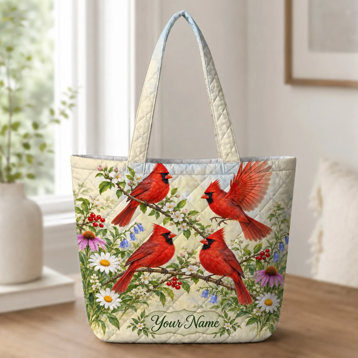 Red Cardinal Birds with Garden Blooms for Nature Lovers and Birdwatchers Gift Idea Quilted Tote Bag - 1