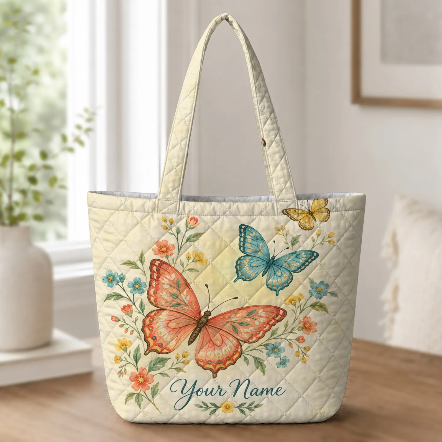 Coral Butterfly Garden Blooms for Summer Birthdays and Nature Lovers Quilted Tote Bag - 1