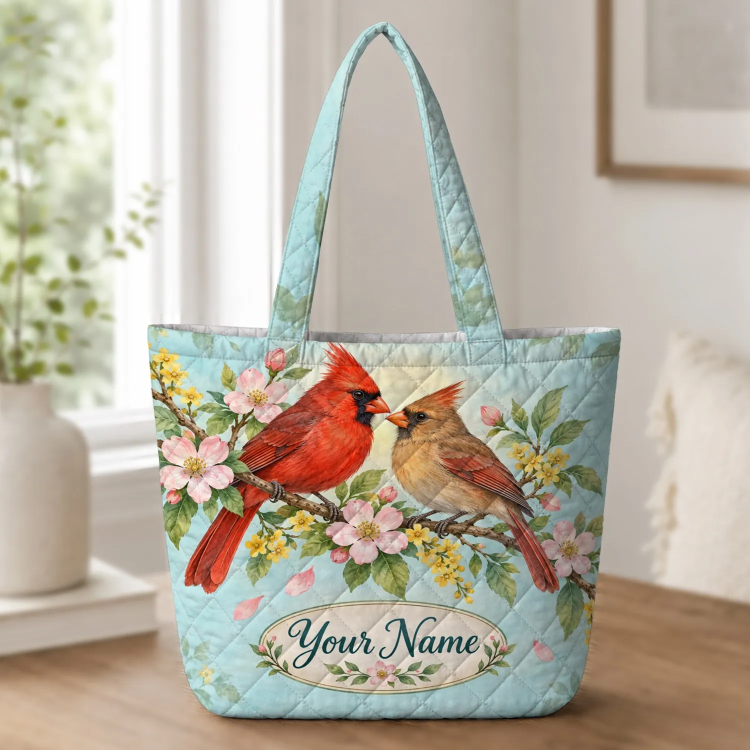 Colorful Cardinal Pair Among Spring Blossoms for Garden Lovers and Nature Enthusiasts Quilted Tote Bag - 1