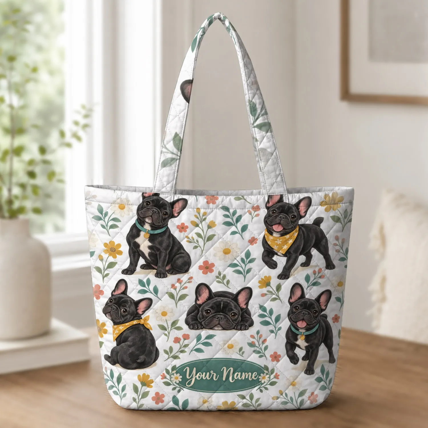 French Bulldog Garden Blooms for Dog Lovers, Colorful Birthday Gift for Mom and Pet Fans Quilted Tote Bag - 1