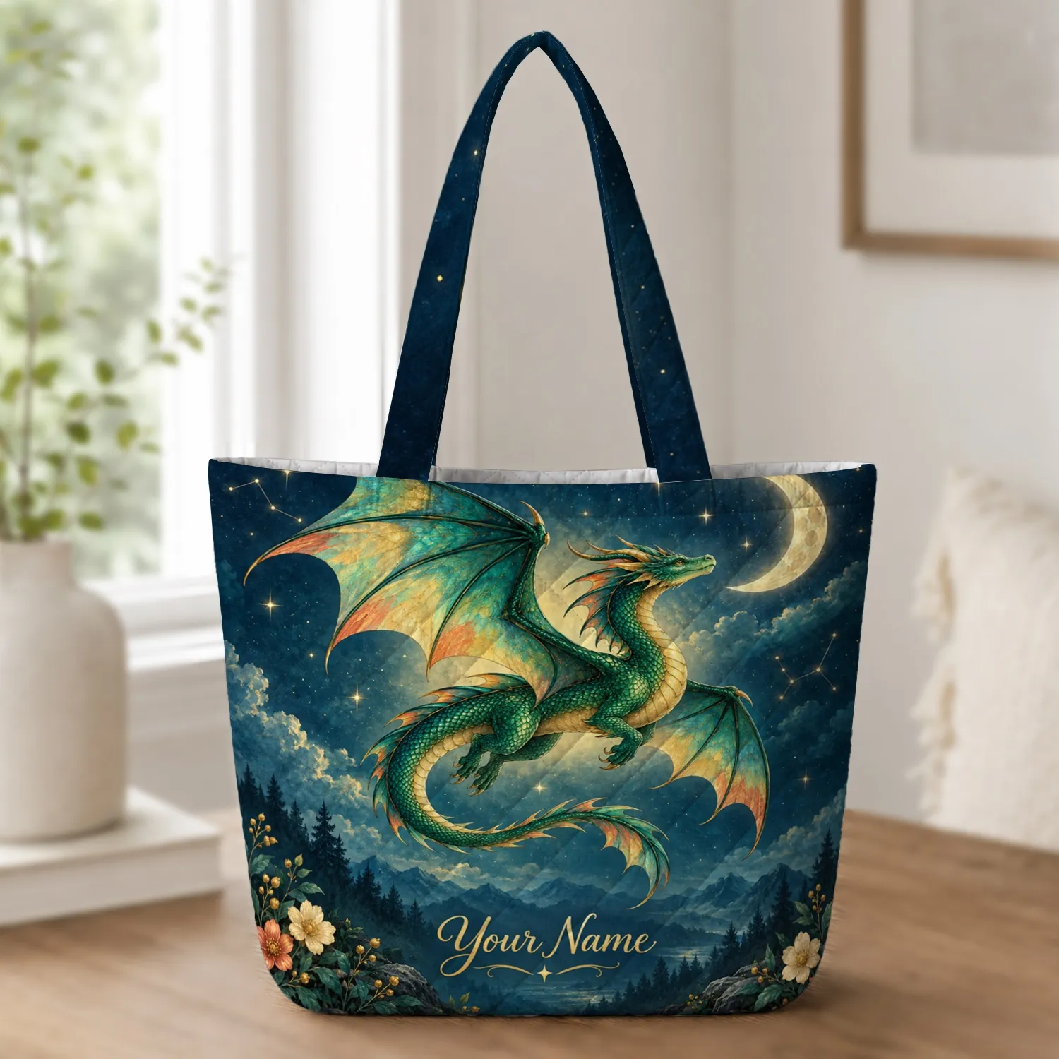 Emerald Dragon and Crescent Moon for Fantasy-Loving Women, Birthday Gift Inspiration Quilted Tote Bag - 1
