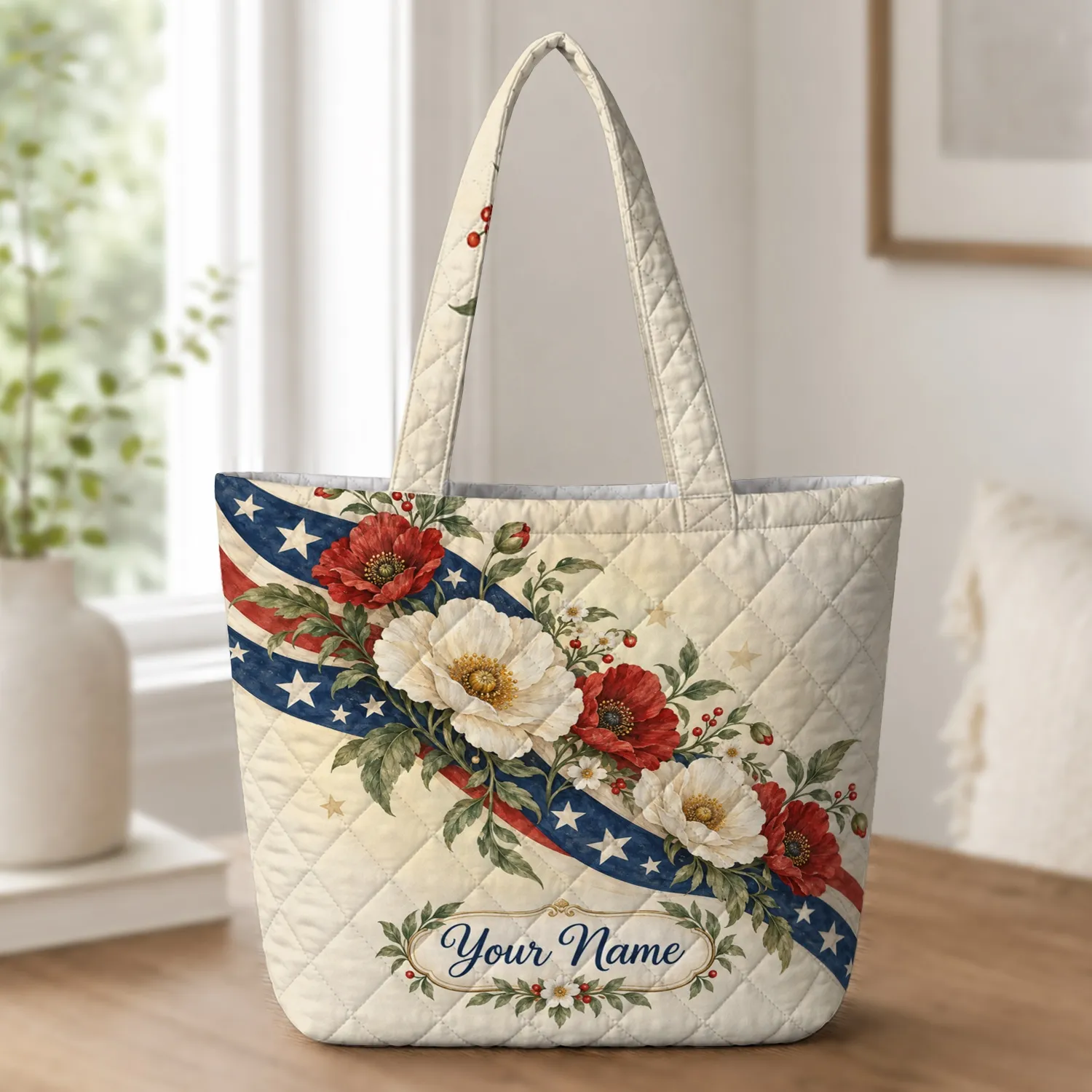 Patriotic Wildflowers And Stars For Independence Day Celebrations For Women Quilted Tote Bag - 1