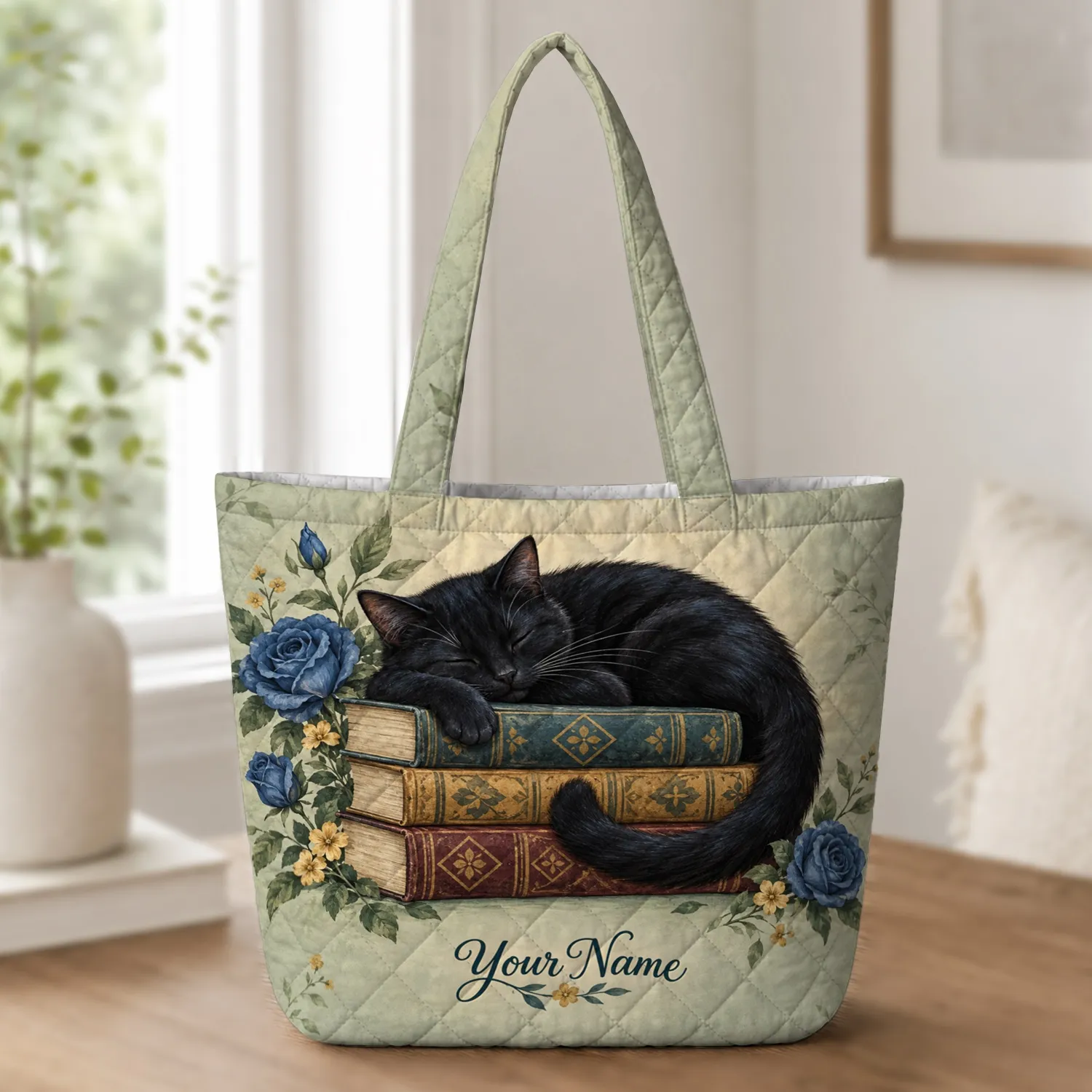 Black Cat Sleeping on Books for Cozy Reading Days and Cat Lovers Quilted Tote Bag - 1