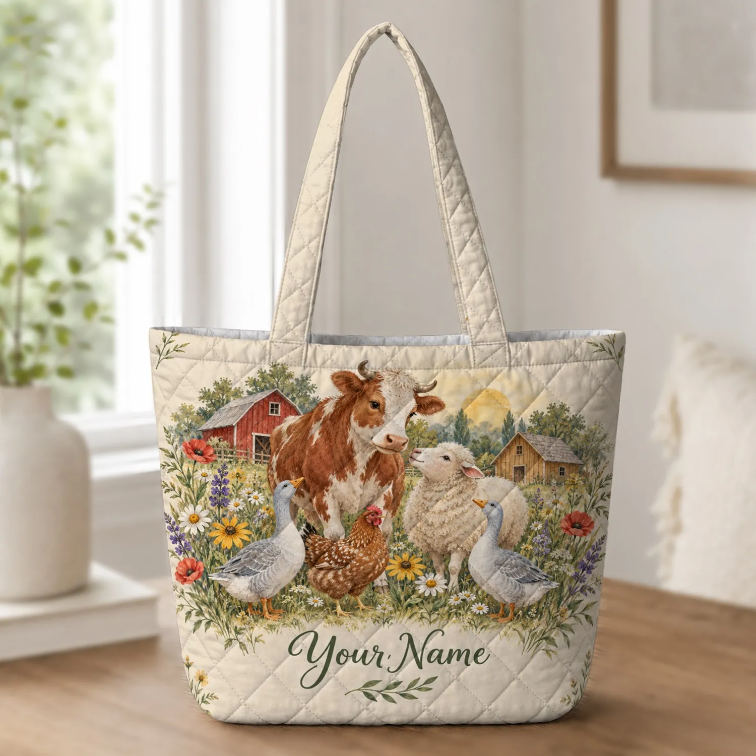 Rustic Farm Animal Wildflower Scene for Garden Visits and Country Living Gifts for Her Quilted Tote Bag - 1