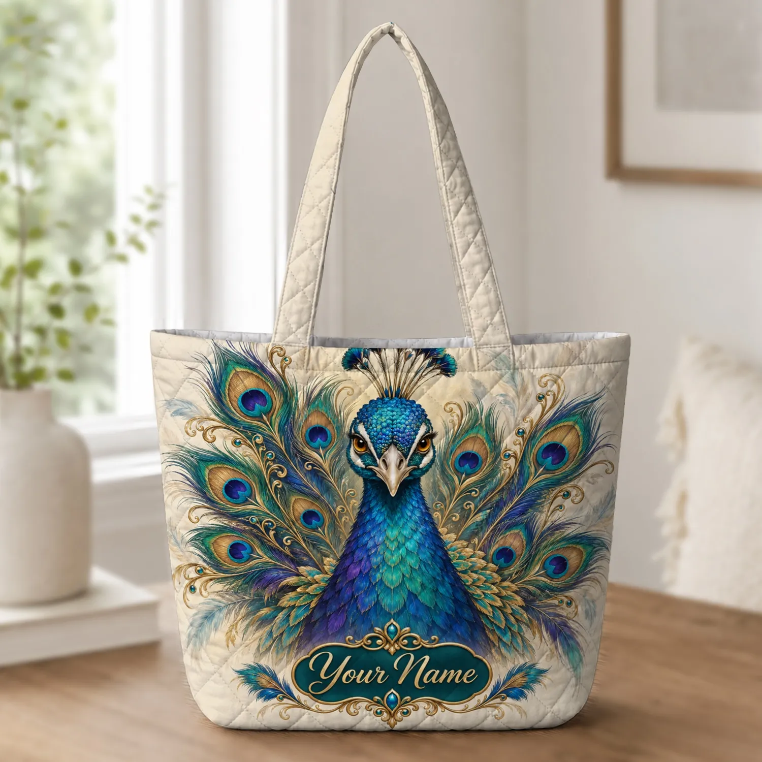 Radiant Peacock Feathers for Garden Parties and Summer Celebrations, Nature Lovers Quilted Tote Bag - 1