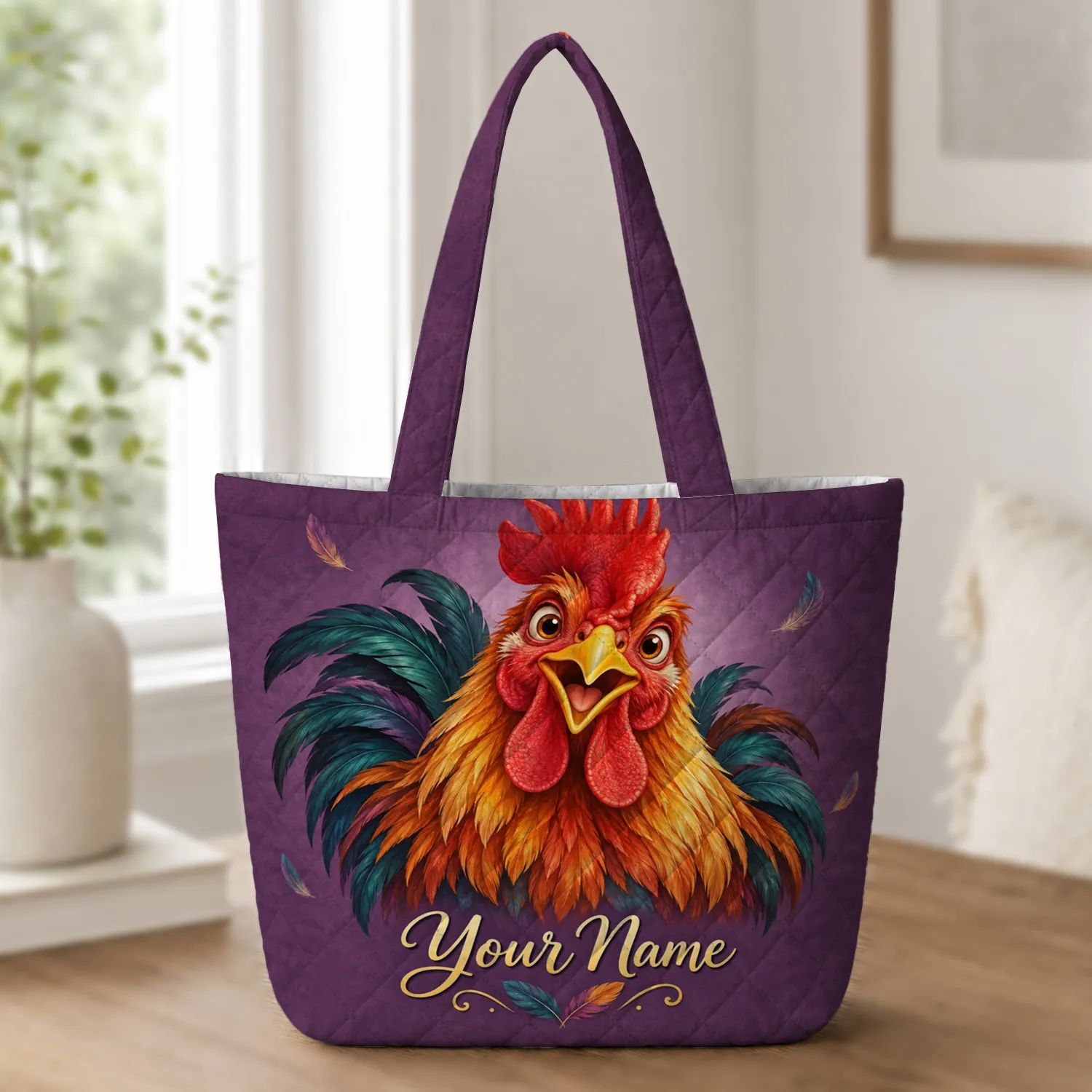Colorful Rooster Farmhouse Gift for Chicken Lovers and Country Living Enthusiasts Quilted Tote Bag - 1