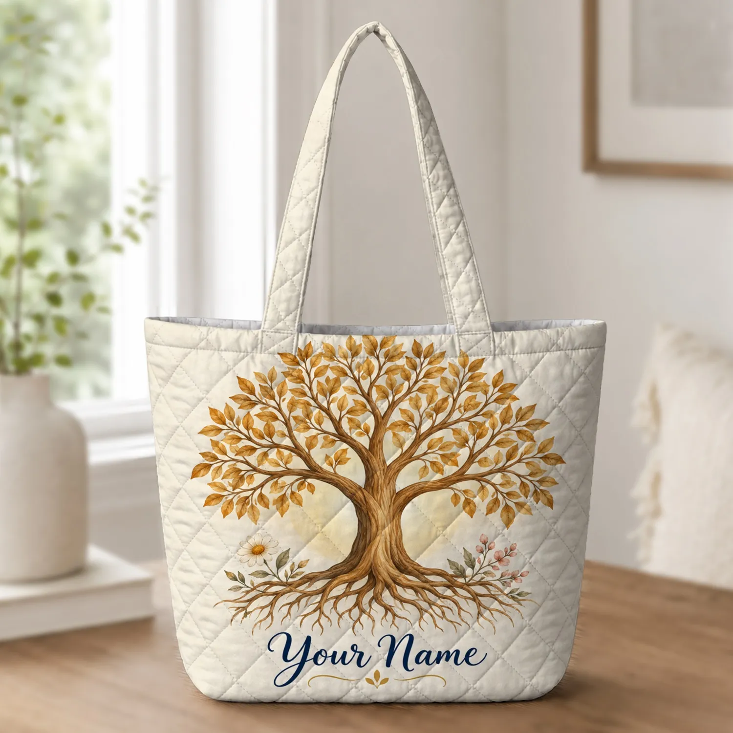 Golden Tree Of Life With Daisy Accents For Spiritual Gifts And Nature Lovers Year Round Quilted Tote Bag - 1