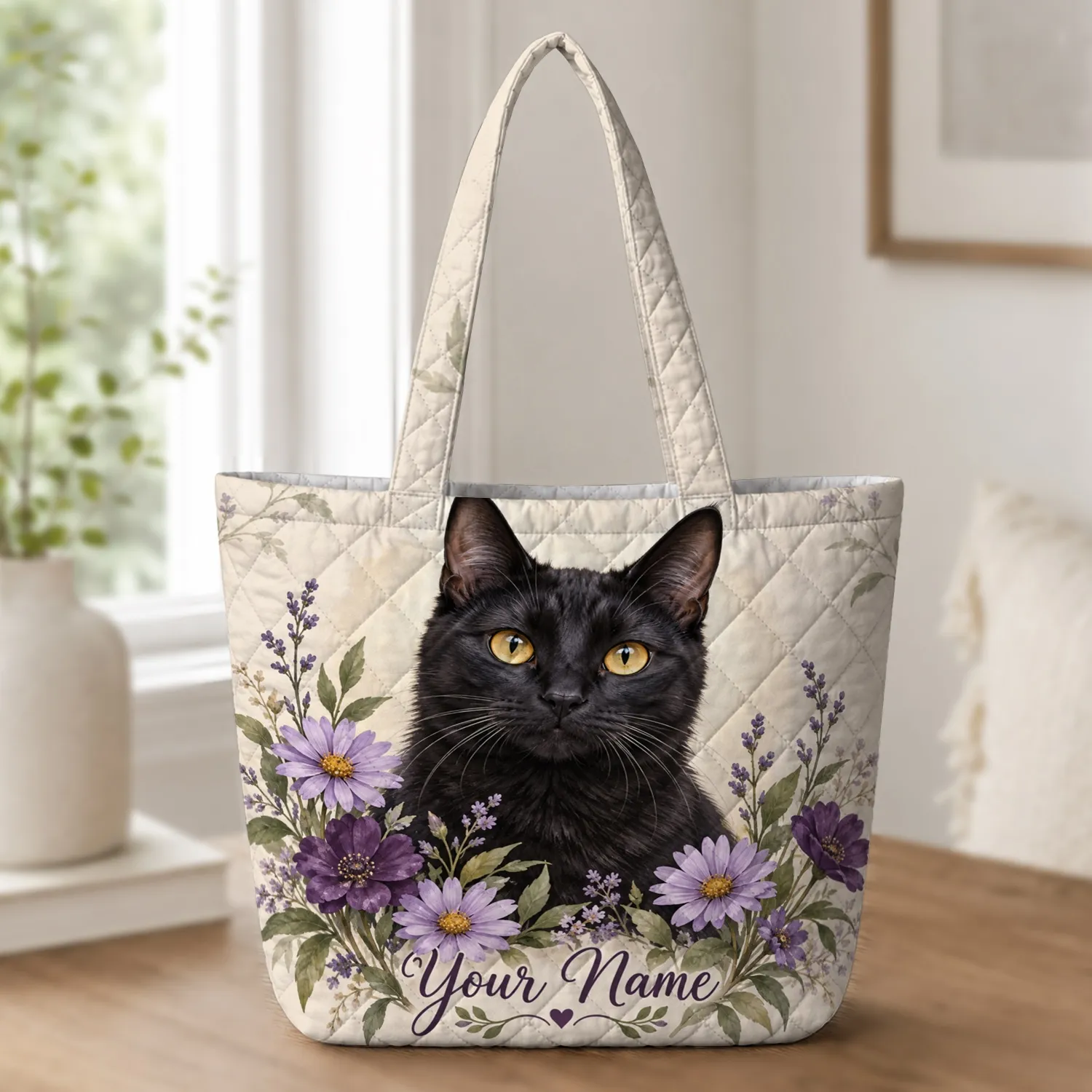 Black Cat and Purple Wildflowers for Cat Lovers and Springtime Gift Giving Ideas Quilted Tote Bag - 1