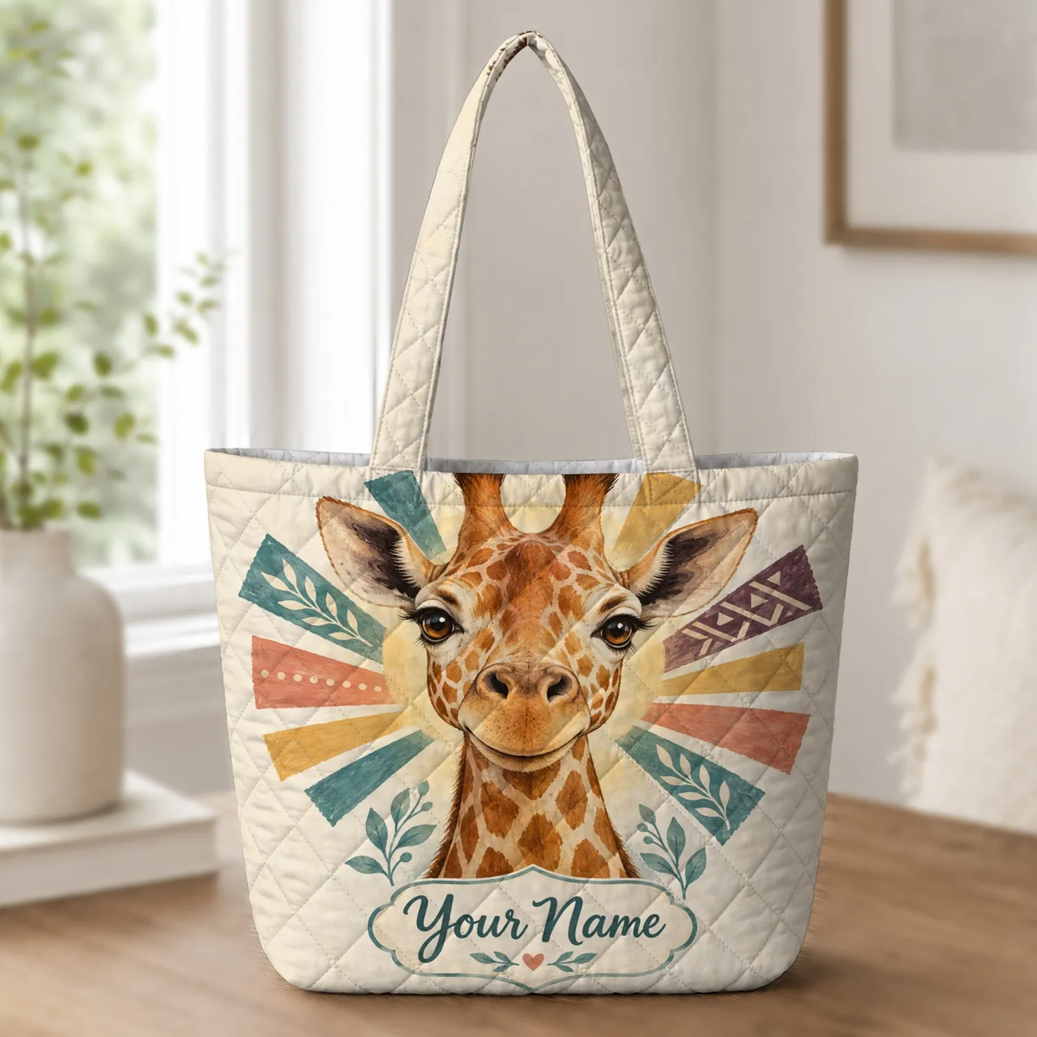 Colorful Giraffe Portrait for Safari Adventures and Nature-Loving Gift Giving Quilted Tote Bag - 1