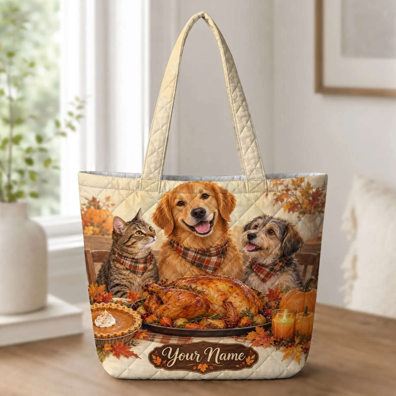 Thanksgiving Cats, Dogs & Roast Turkey Autumn Feast for Pet Lovers and Animal Families Quilted Tote Bag - 1