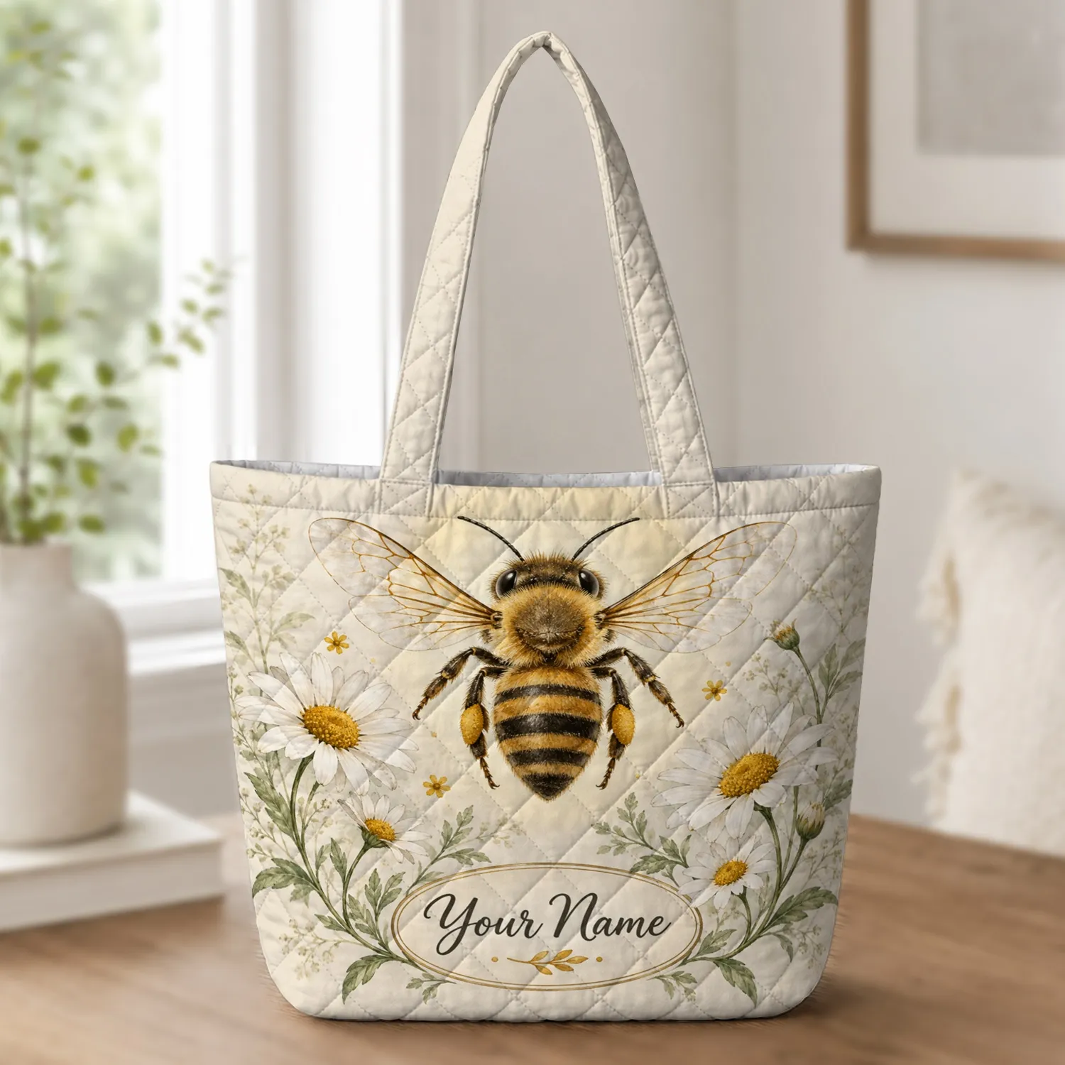 Golden Bee and Daisy Garden for Springtime Outings and Nature-Loving Gifts for Gardeners Quilted Tote Bag - 1