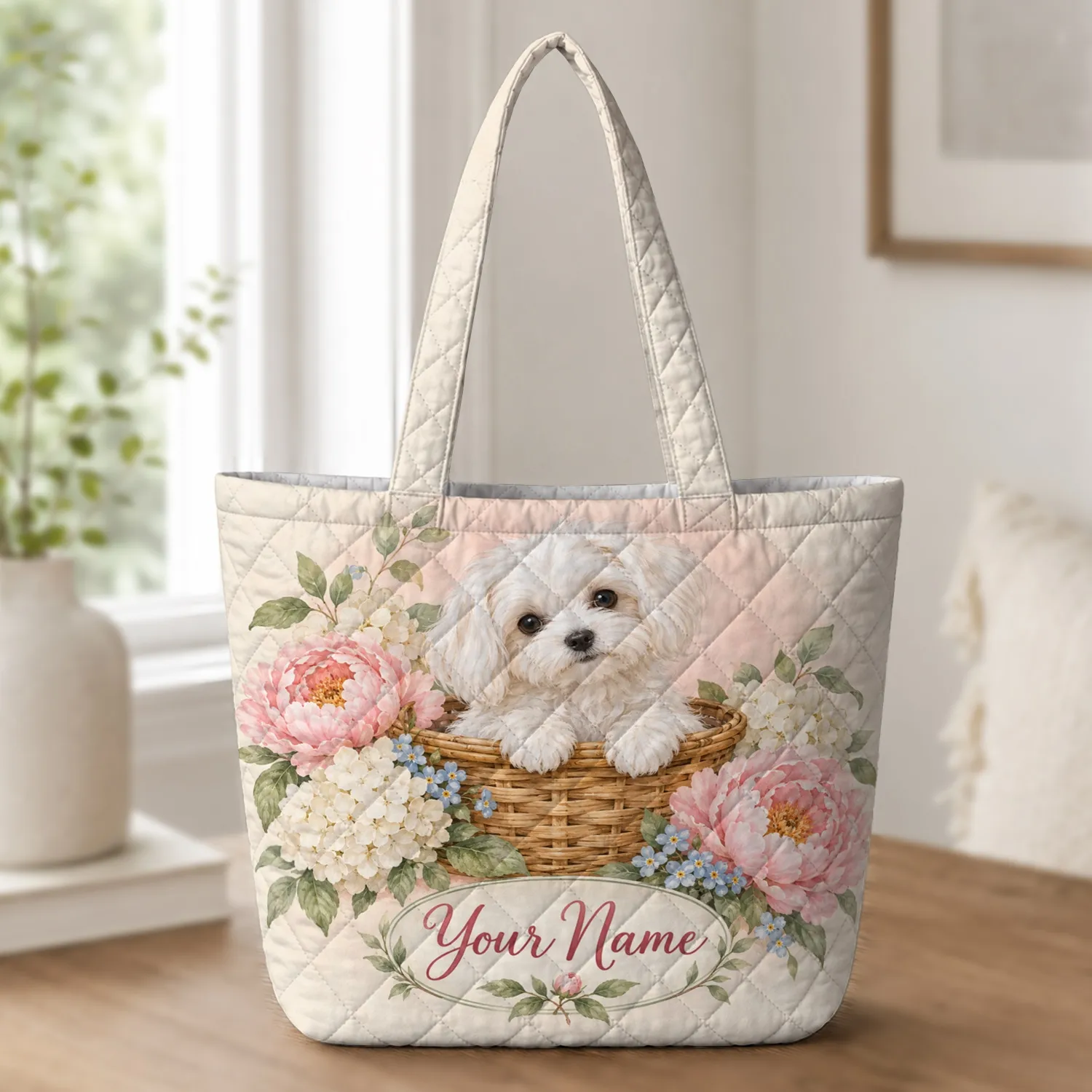 White Maltese Puppy in a Peony Basket for Spring Garden Lovers and Dog Mom Gifts Quilted Tote Bag - 1
