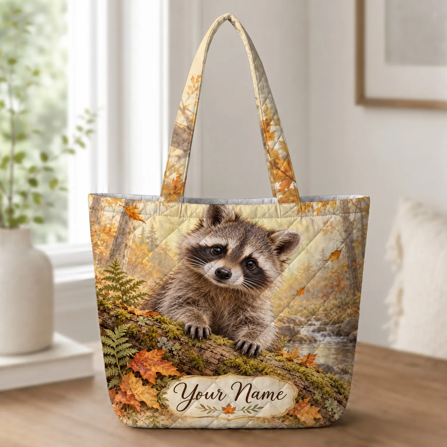 Curious Raccoon in an Autumn Woodland for Cozy Fall Outings and Woodland Nature Lovers Quilted Tote Bag - 1