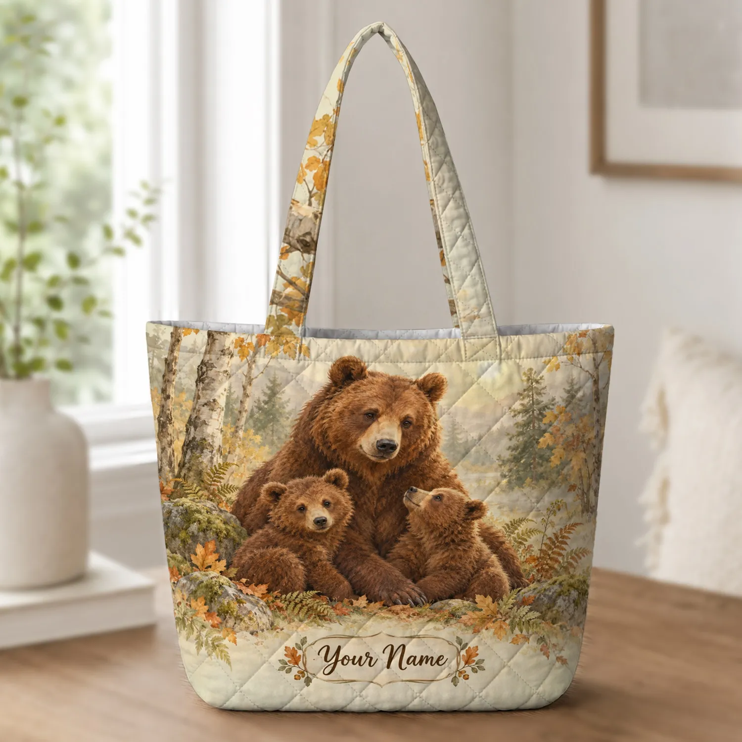 Brown Bear Family in an Autumn Forest for Cozy Fall Outings Quilted Tote Bag - 1