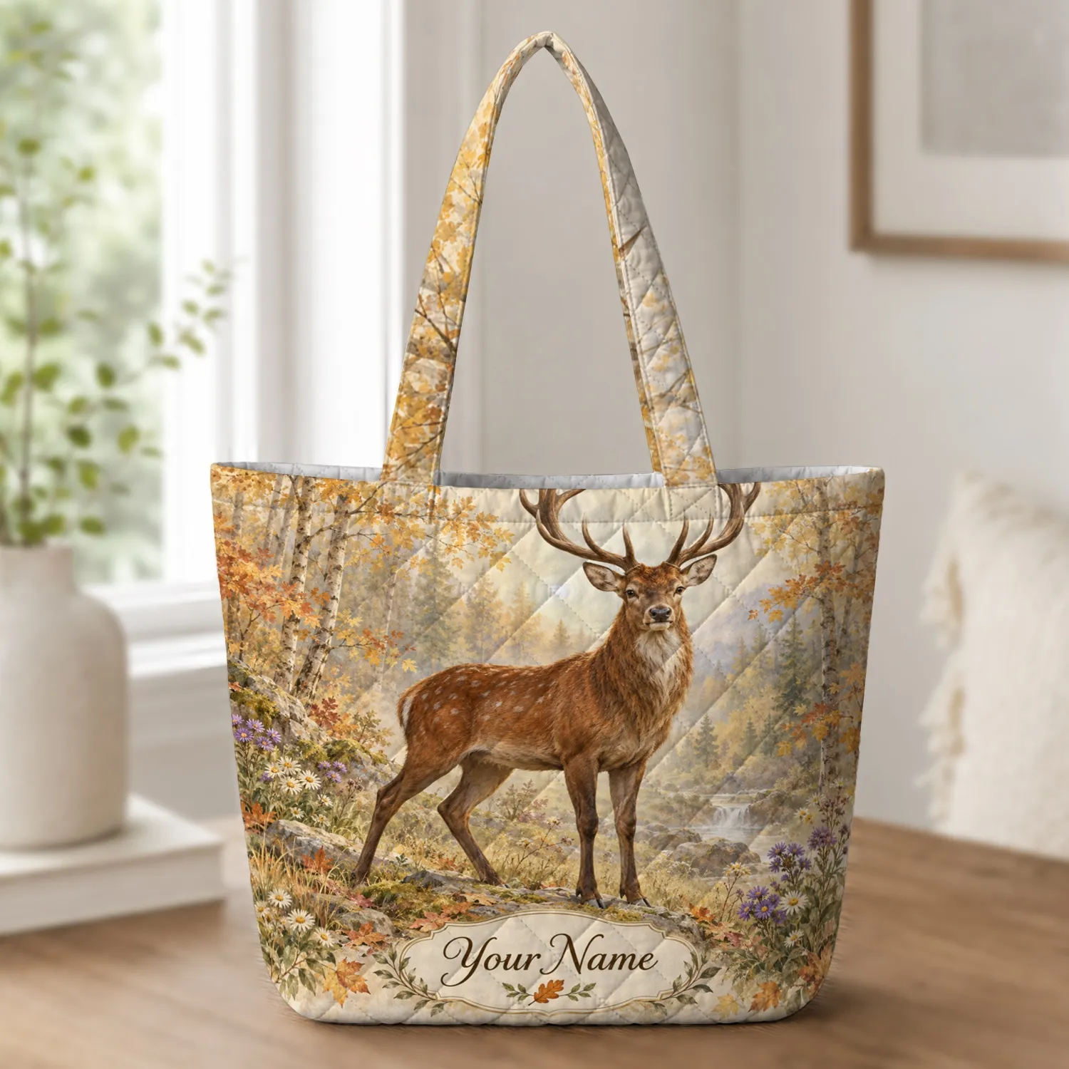 Majestic Stag in Autumn Woodland for Nature Lovers, Fall Walks and Seasonal Gifts Quilted Tote Bag - 1