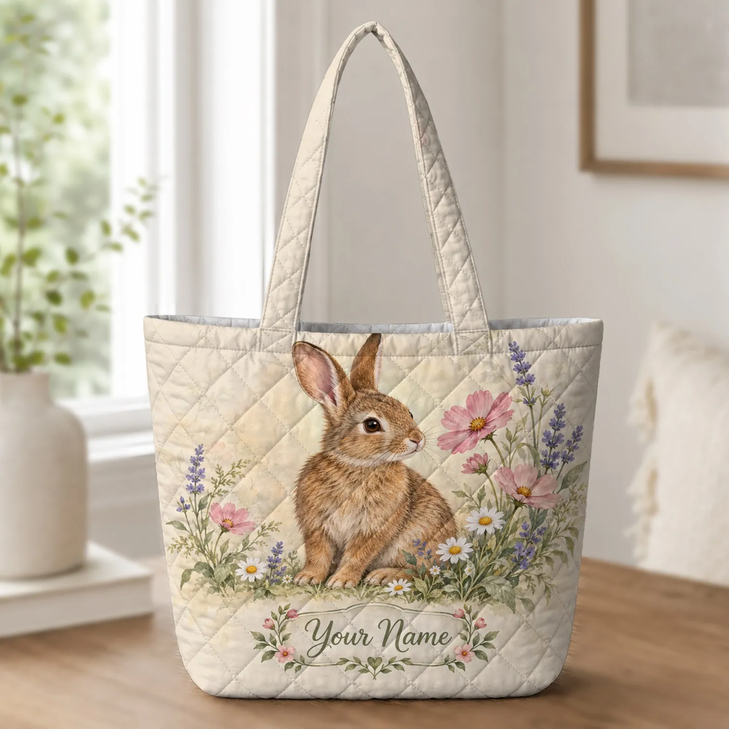 Wildflower Rabbit Meadow Art for Spring Garden Lovers and Nature Gifts Quilted Tote Bag - 1
