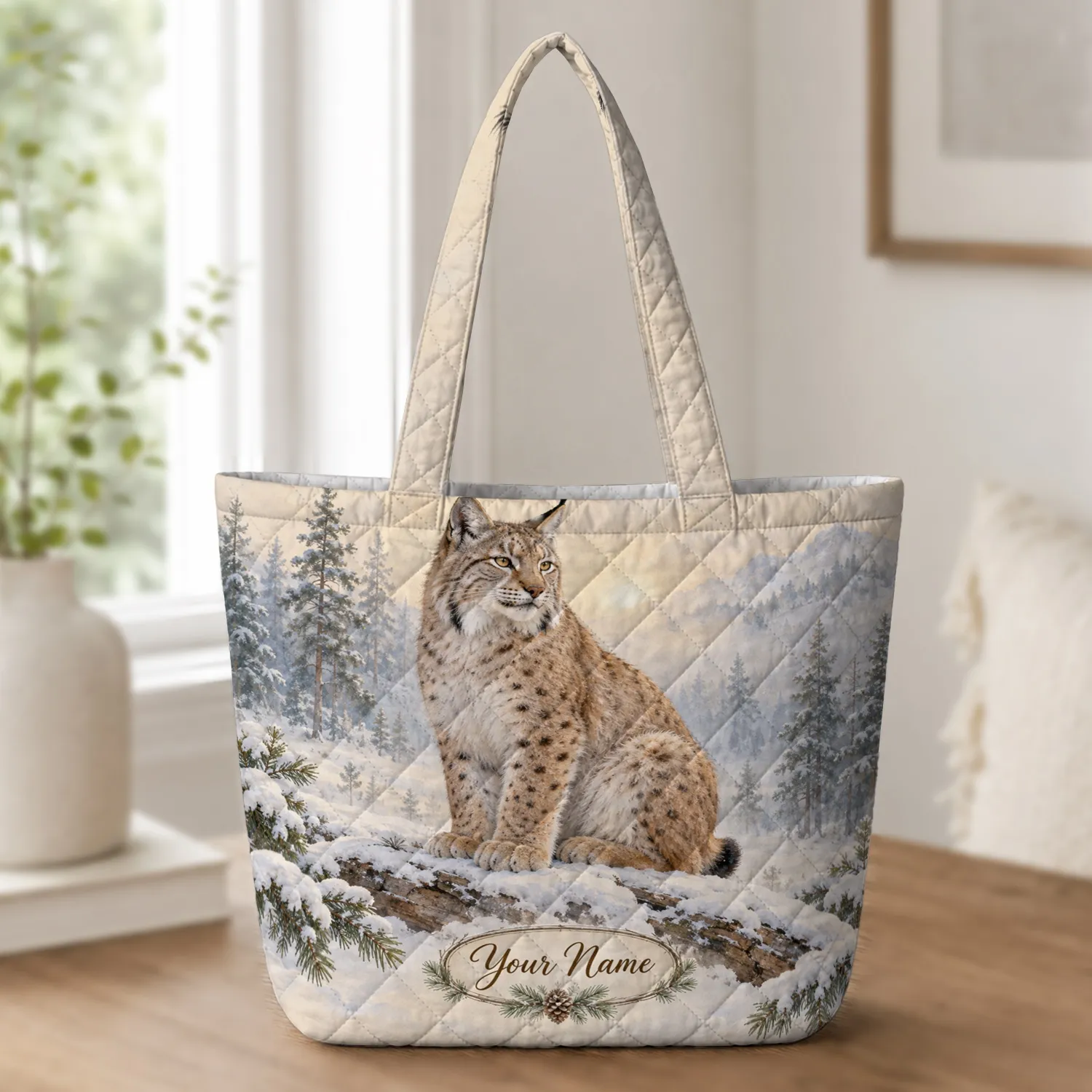 Snowy Lynx in a Pine Forest for Cozy Winter Days and Nature Lovers Quilted Tote Bag - 1