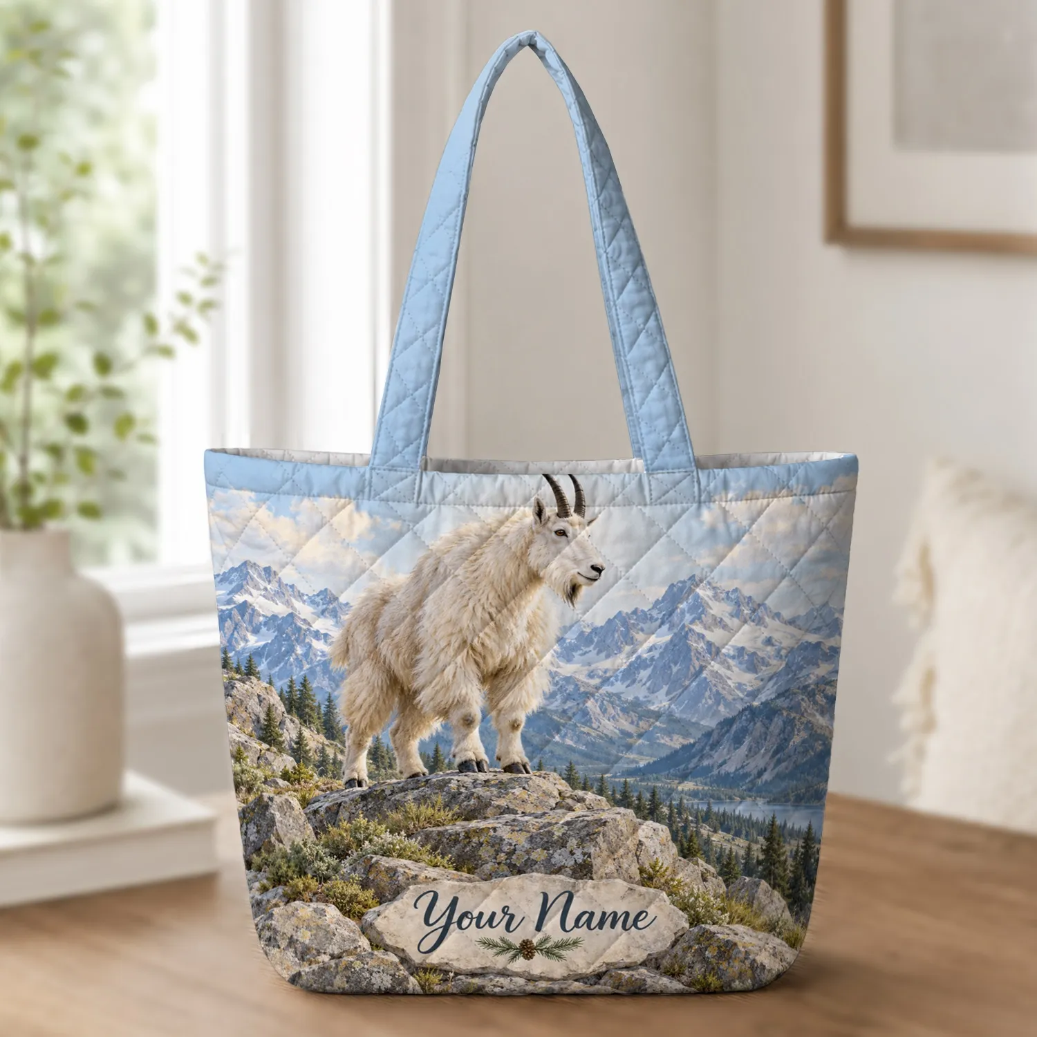 Alpine Mountain Goat and Rocky Peaks for Hiking Adventures and Mountain Nature Lovers Quilted Tote Bag - 1