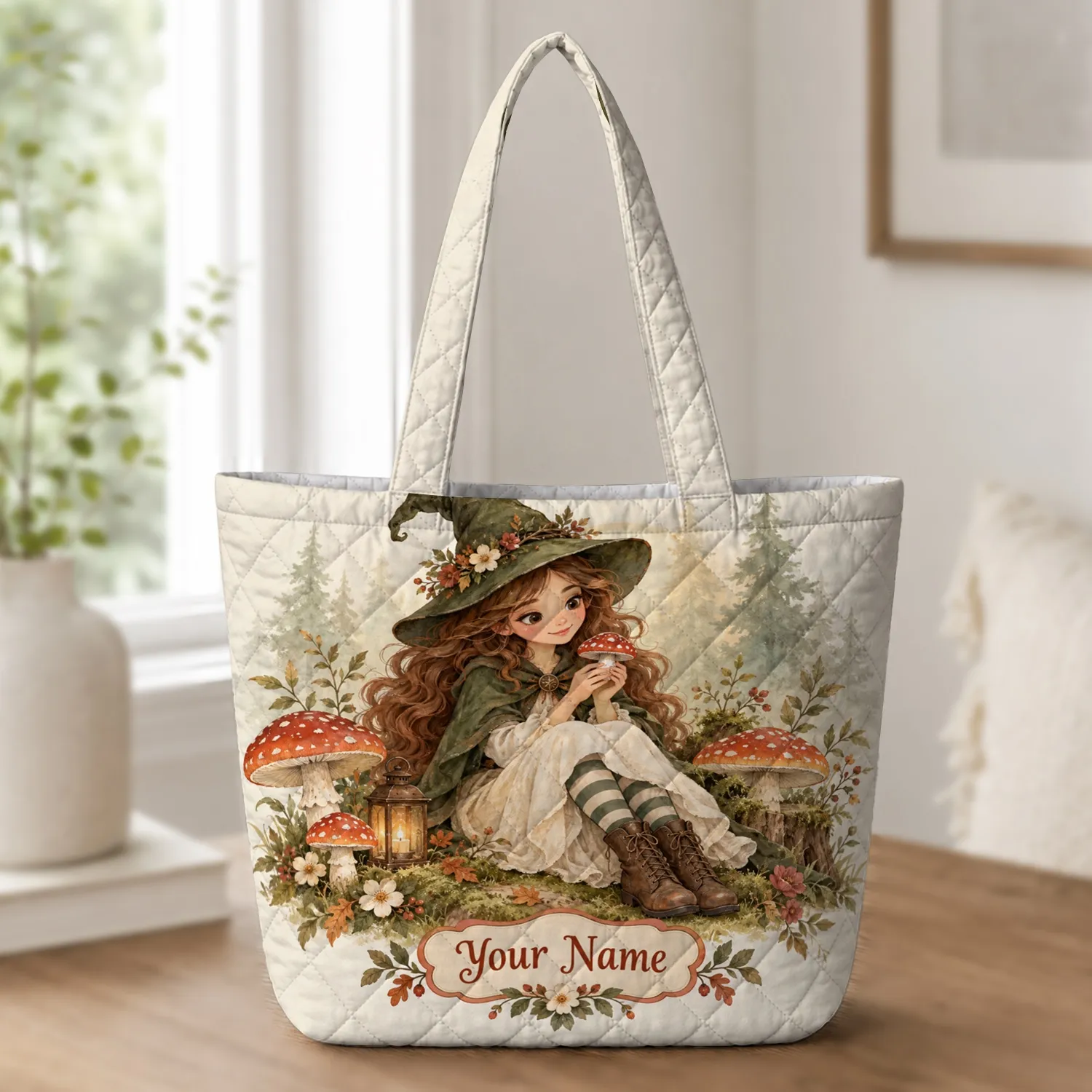Mushroom Witch in Autumn Woodland for Cozy Halloween Gifts and Forest-Loving Friends Quilted Tote Bag - 1