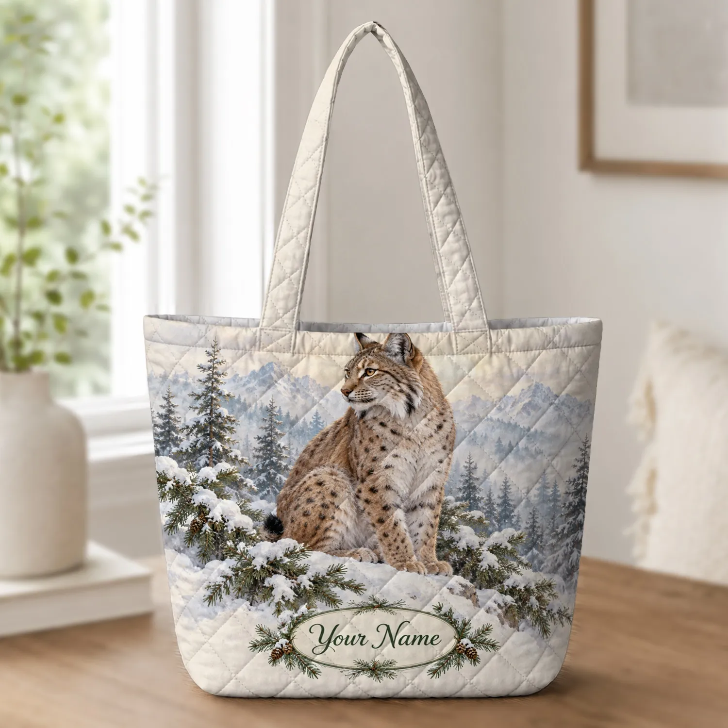 Snowy Lynx in a Winter Pine Forest for Cozy Cold-Weather Outings Quilted Tote Bag - 1