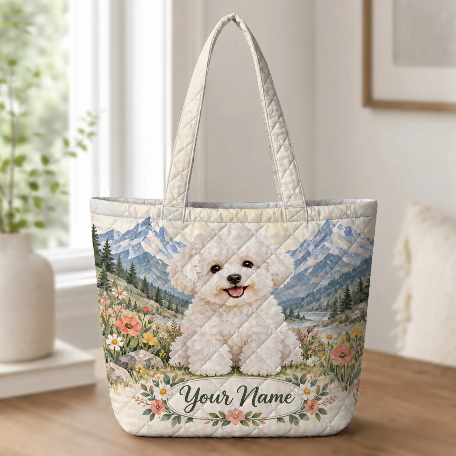 Bichon Puppy in Alpine Wildflower Meadow for Dog Lovers and Springtime Gift Giving Quilted Tote Bag - 1
