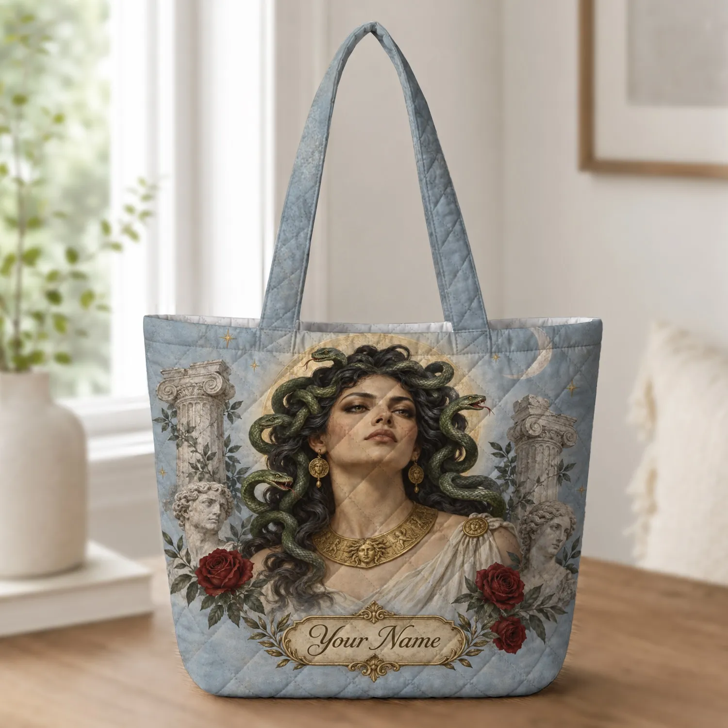 Medusa Greek Goddess Vintage Scene for Mythology Lovers and Classical Style Fans Quilted Tote Bag - 1